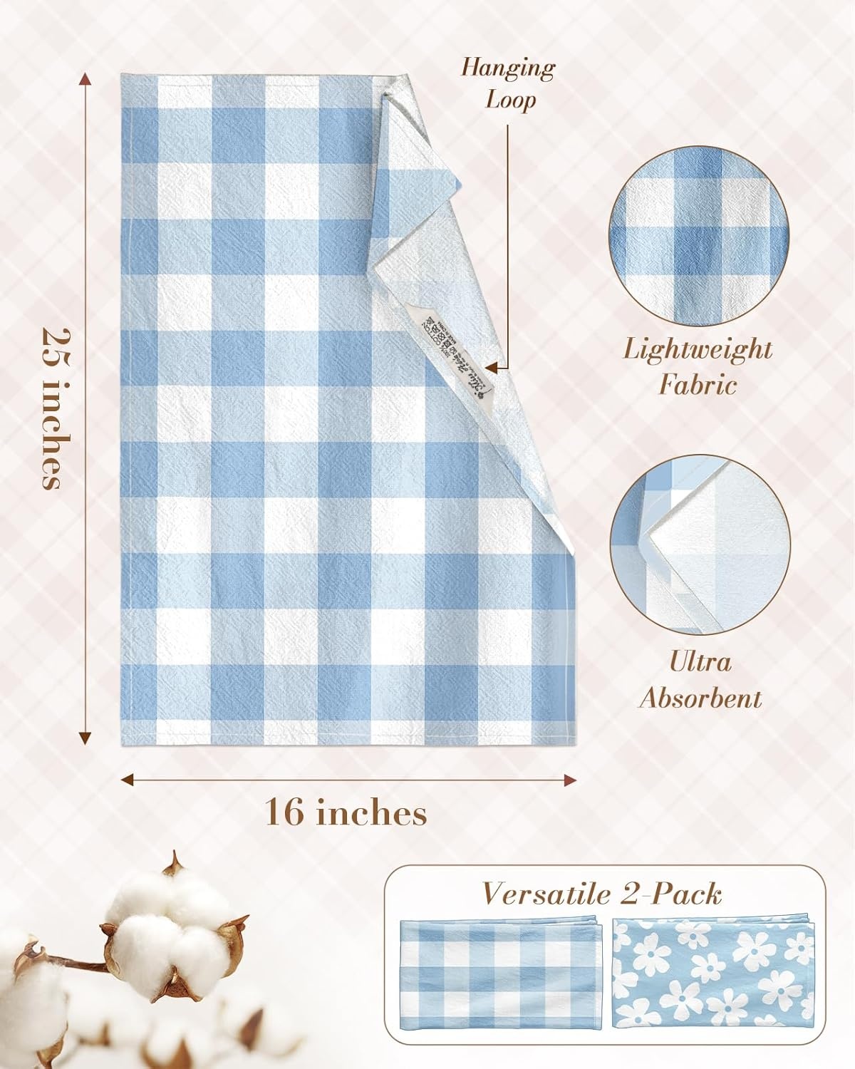 image:imageMiss Adola 2pcs Flour Sack Kitchen Towels 18x 26 Cotton Kitchen Hand Towels with Hanging Loop Reusable Geometric Girly Plaid Floral Tea Towel Absorbent Dishcloths Home Decor Pink FlowerBaby Blue