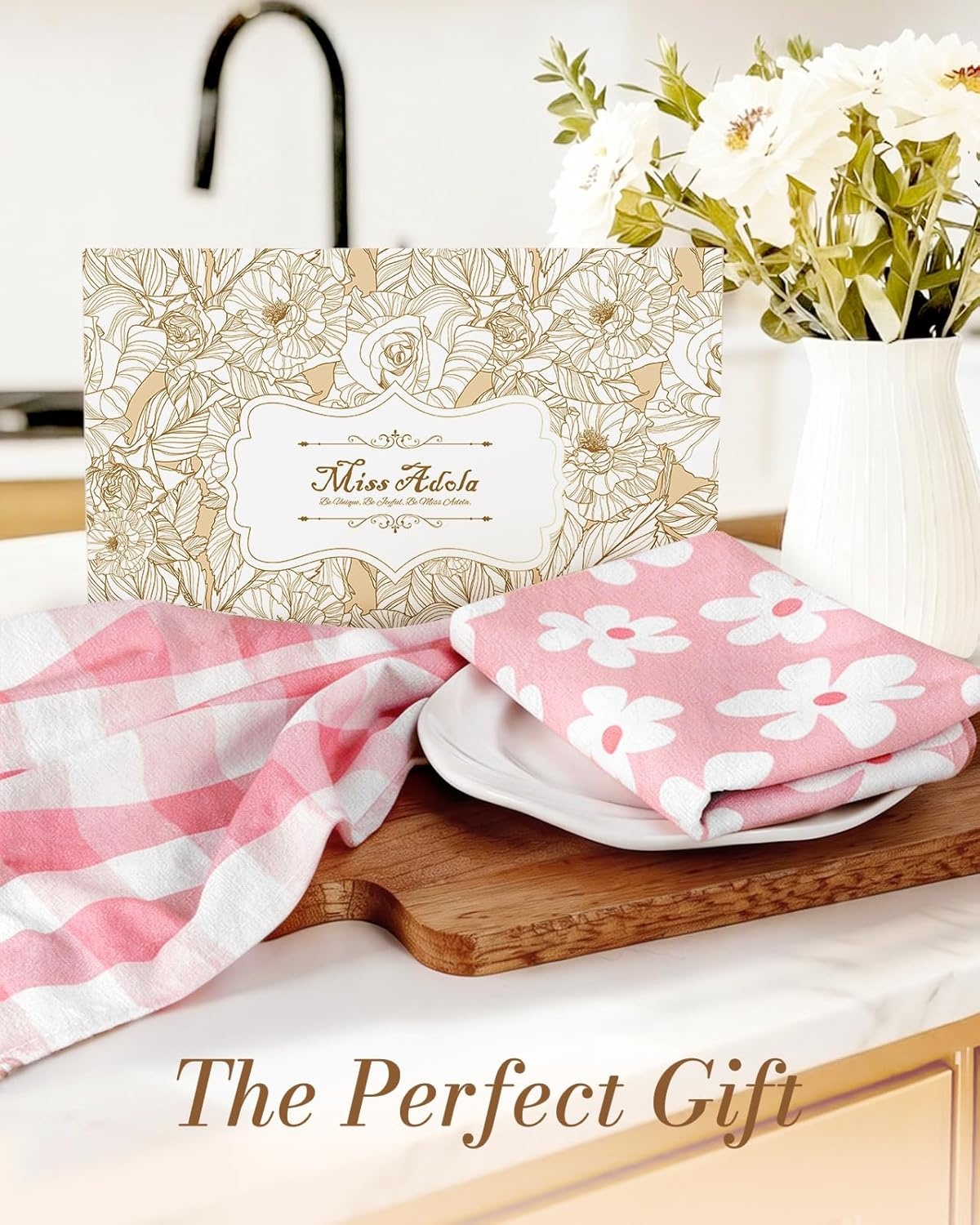 image:imageMiss Adola 2pcs Flour Sack Kitchen Towels 18x 26 Cotton Kitchen Hand Towels with Hanging Loop Reusable Geometric Girly Plaid Floral Tea Towel Absorbent Dishcloths Home Decor Pink FlowerPink Flowers