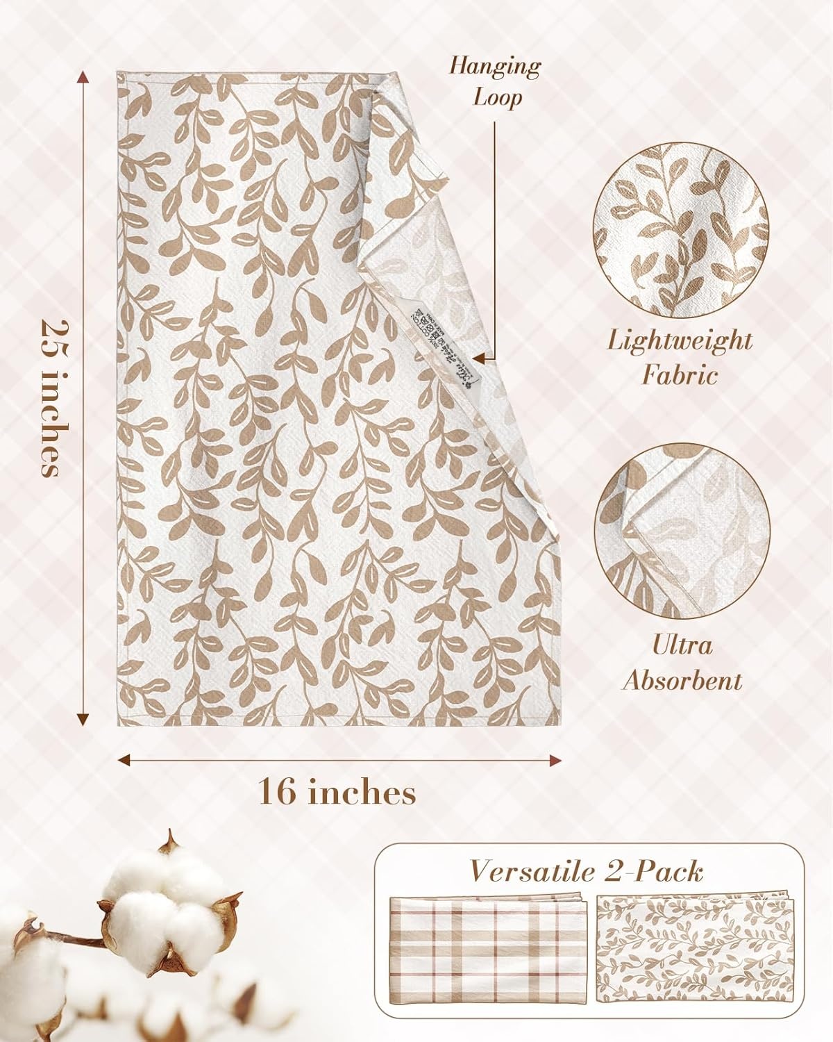 image:imageMiss Adola 2pcs Flour Sack Kitchen Towels 18x 26 Cotton Kitchen Hand Towels with Hanging Loop Reusable Geometric Girly Plaid Floral Tea Towel Absorbent Dishcloths Home Decor Pink FlowerBotanical Floral