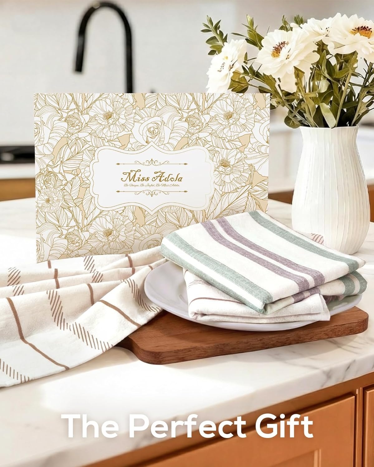 image:imageMiss Adola 2pcs Flour Sack Kitchen Towels 18x 26 Cotton Kitchen Hand Towels with Hanging Loop Reusable Geometric Girly Plaid Floral Tea Towel Absorbent Dishcloths Home Decor Pink FlowerStriped