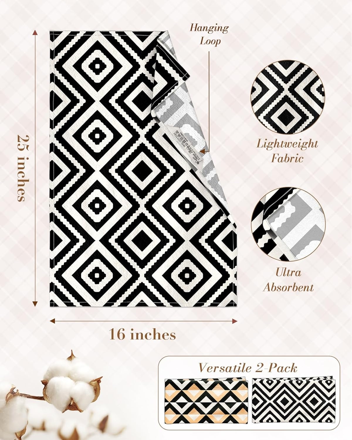 image:imageMiss Adola 2pcs Flour Sack Kitchen Towels 18x 26 Cotton Kitchen Hand Towels with Hanging Loop Reusable Geometric Girly Plaid Floral Tea Towel Absorbent Dishcloths Home Decor Pink FlowerModern Geometric