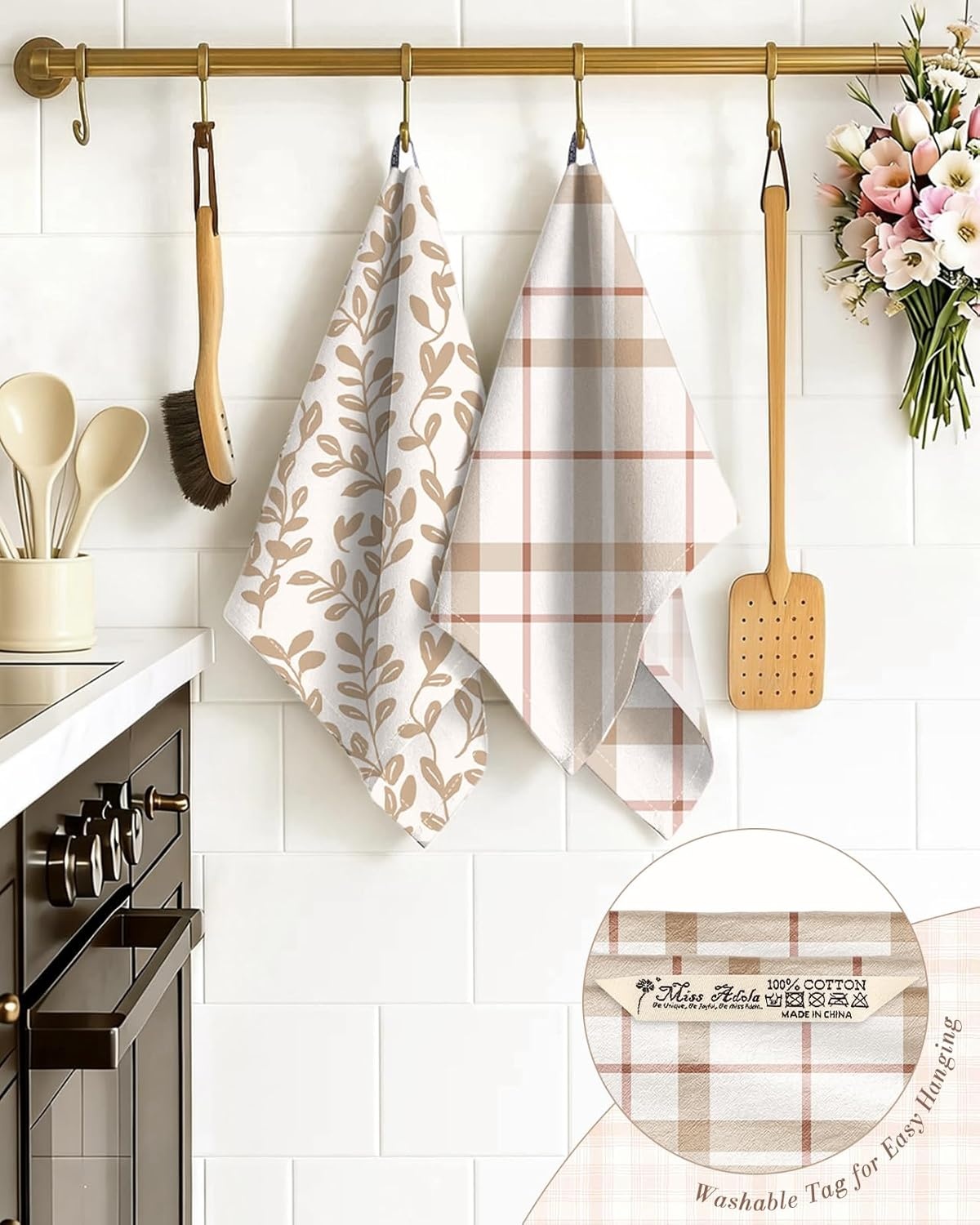 image:imageMiss Adola 2pcs Flour Sack Kitchen Towels 18x 26 Cotton Kitchen Hand Towels with Hanging Loop Reusable Geometric Girly Plaid Floral Tea Towel Absorbent Dishcloths Home Decor Pink FlowerBotanical Floral