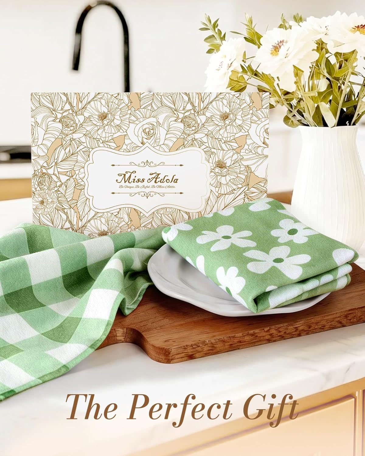 image:imageMiss Adola 2pcs Flour Sack Kitchen Towels 18x 26 Cotton Kitchen Hand Towels with Hanging Loop Reusable Geometric Girly Plaid Floral Tea Towel Absorbent Dishcloths Home Decor Pink FlowerMatcha Green