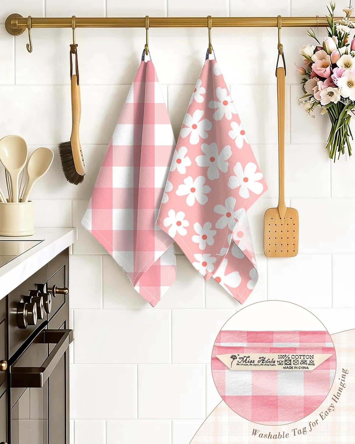 image:imageMiss Adola 2pcs Flour Sack Kitchen Towels 18x 26 Cotton Kitchen Hand Towels with Hanging Loop Reusable Geometric Girly Plaid Floral Tea Towel Absorbent Dishcloths Home Decor Pink FlowerPink Flowers