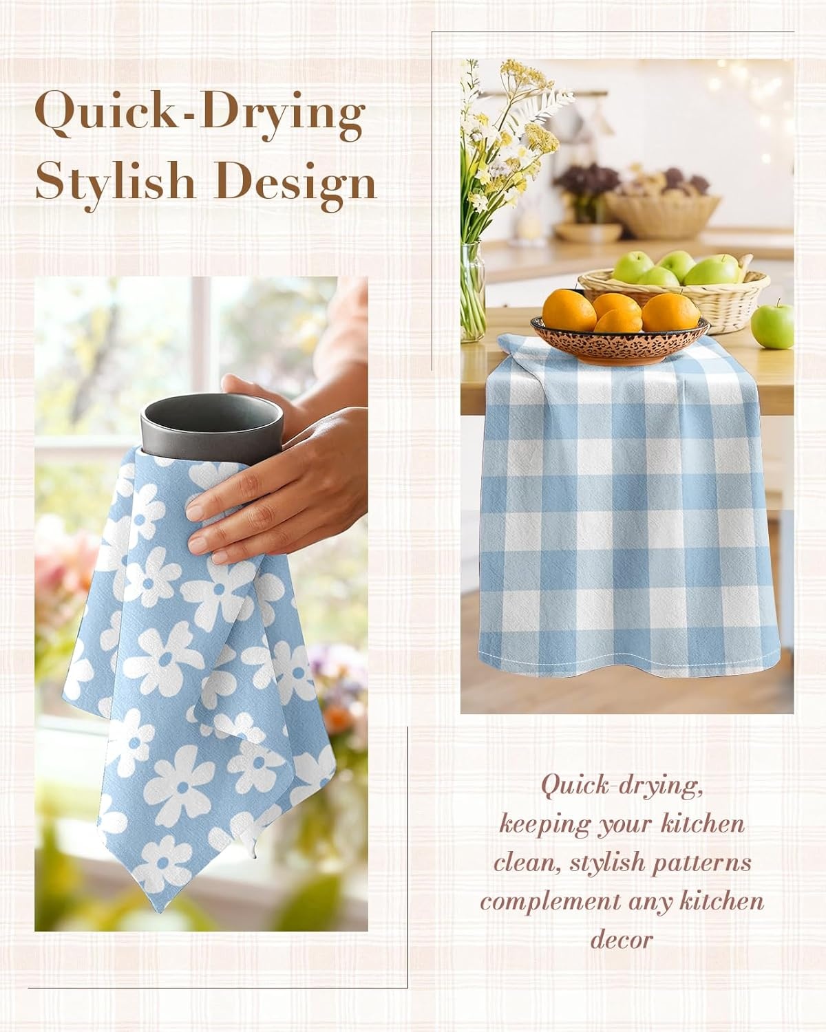 image:imageMiss Adola 2pcs Flour Sack Kitchen Towels 18x 26 Cotton Kitchen Hand Towels with Hanging Loop Reusable Geometric Girly Plaid Floral Tea Towel Absorbent Dishcloths Home Decor Pink FlowerBaby Blue