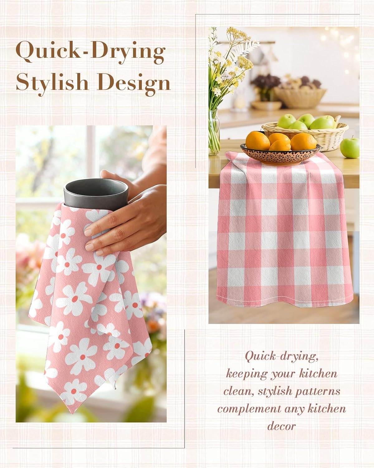 image:imageMiss Adola 2pcs Flour Sack Kitchen Towels 18x 26 Cotton Kitchen Hand Towels with Hanging Loop Reusable Geometric Girly Plaid Floral Tea Towel Absorbent Dishcloths Home Decor Pink FlowerPink Flowers