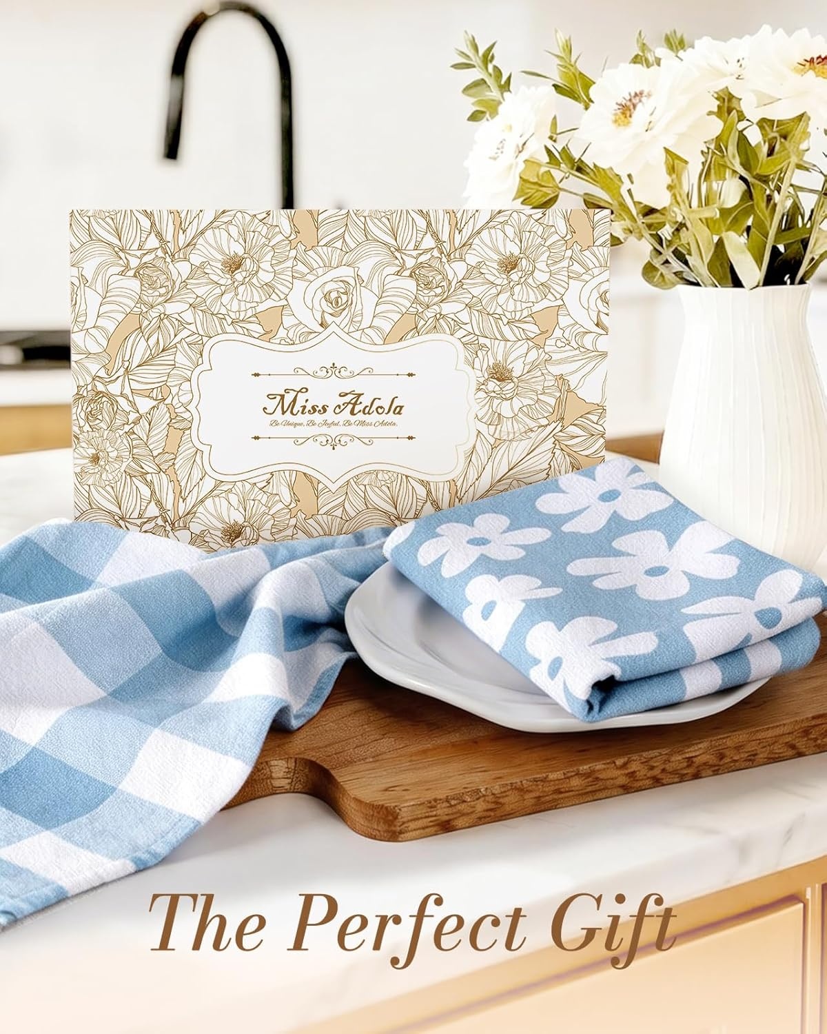image:imageMiss Adola 2pcs Flour Sack Kitchen Towels 18x 26 Cotton Kitchen Hand Towels with Hanging Loop Reusable Geometric Girly Plaid Floral Tea Towel Absorbent Dishcloths Home Decor Pink FlowerBaby Blue