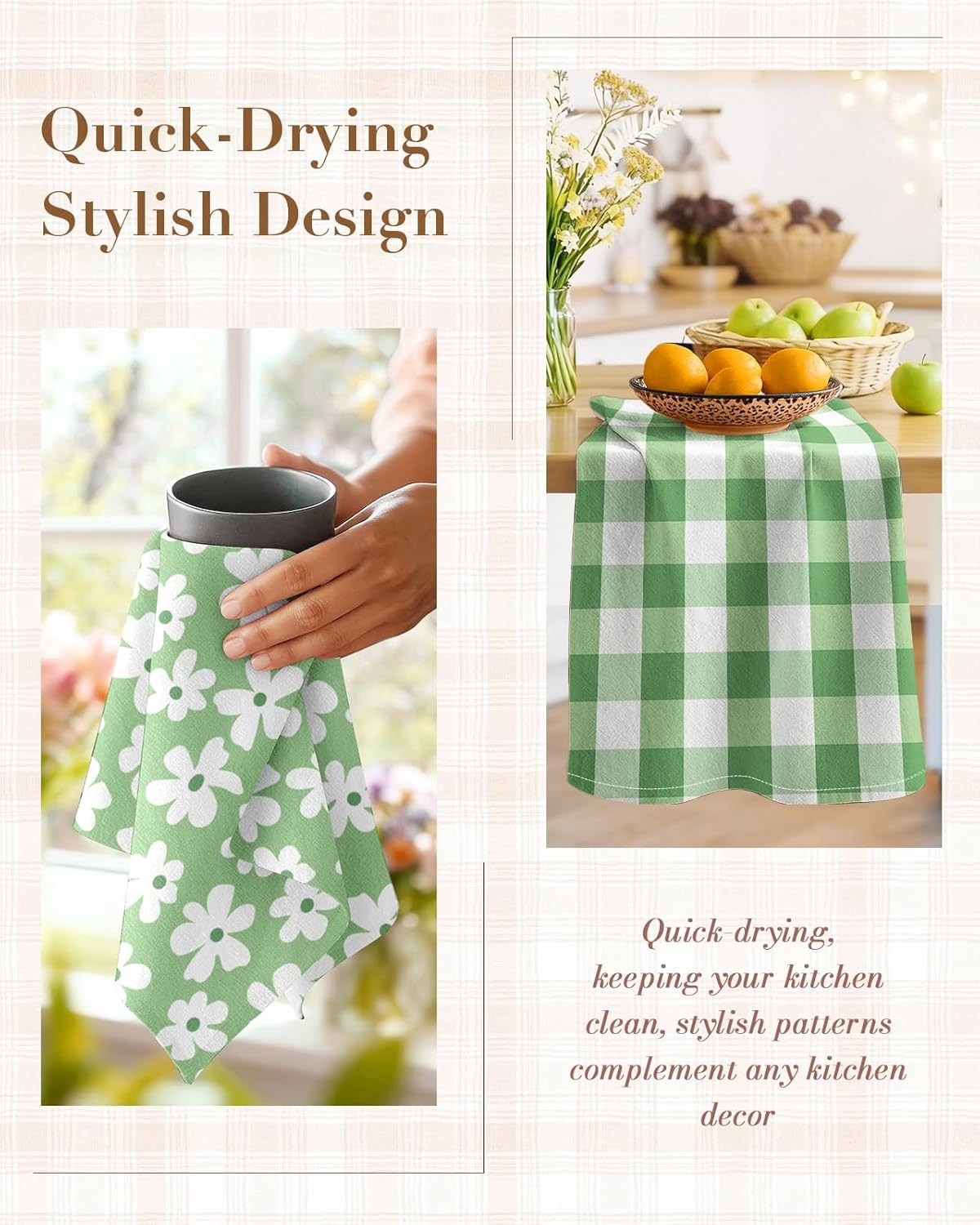 image:imageMiss Adola 2pcs Flour Sack Kitchen Towels 18x 26 Cotton Kitchen Hand Towels with Hanging Loop Reusable Geometric Girly Plaid Floral Tea Towel Absorbent Dishcloths Home Decor Pink FlowerMatcha Green