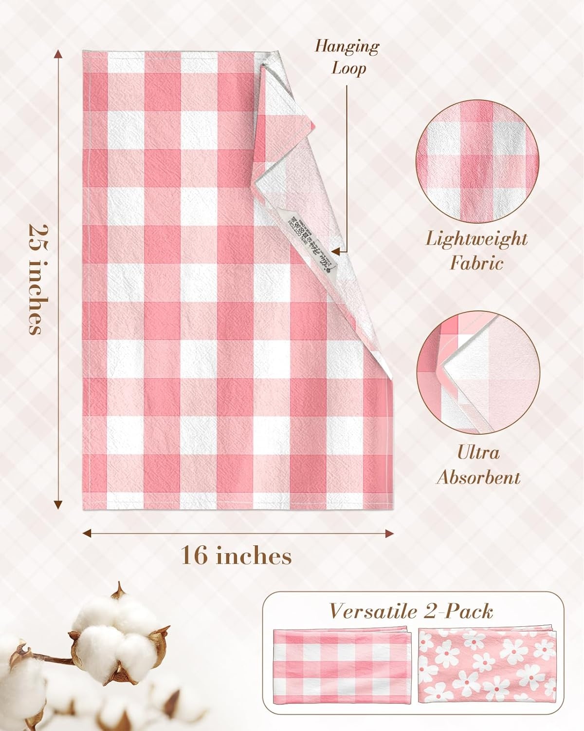 image:imageMiss Adola 2pcs Flour Sack Kitchen Towels 18x 26 Cotton Kitchen Hand Towels with Hanging Loop Reusable Geometric Girly Plaid Floral Tea Towel Absorbent Dishcloths Home Decor Pink FlowerPink Flowers