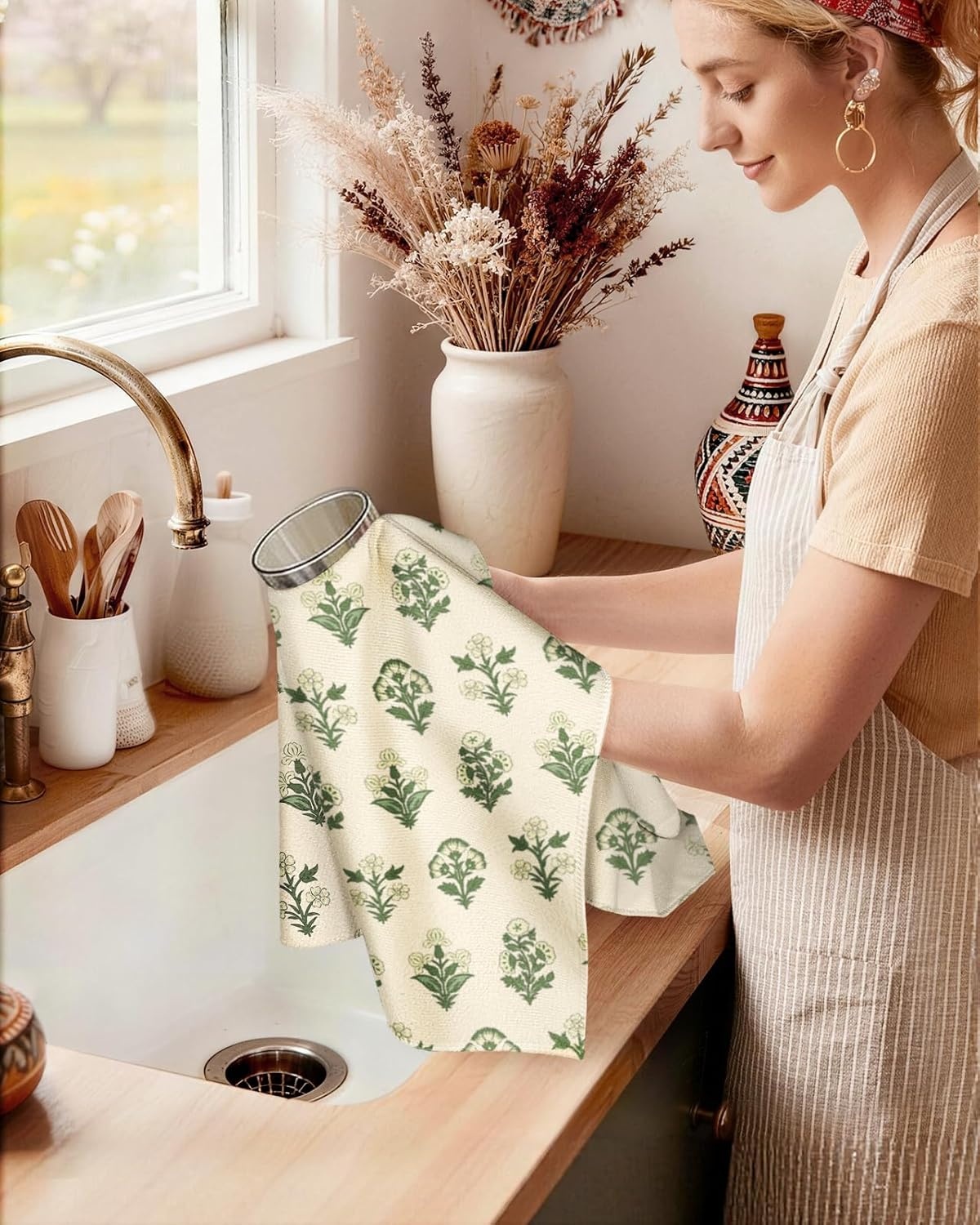 image:imageMiss Adola 2pcs Microfiber Kitchen Towels Boho Kitchen Towels Set of 2 with Hanging Loop Decorative Absorbent 18x26 Inch Hand Towel Botanical Design Dish Cloth for Housewarming Gift French CountryFrench Country
