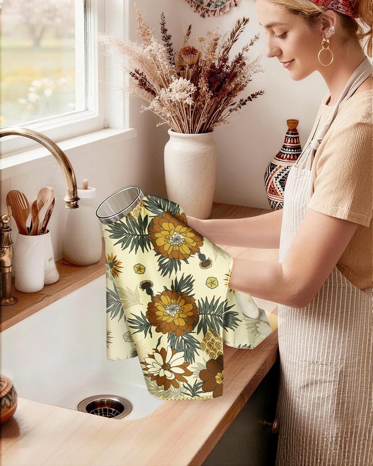 image:imageMiss Adola 2pcs Microfiber Kitchen Towels Boho Kitchen Towels Set of 2 with Hanging Loop Decorative Absorbent 18x26 Inch Hand Towel Botanical Design Dish Cloth for Housewarming Gift French CountryModern Flower