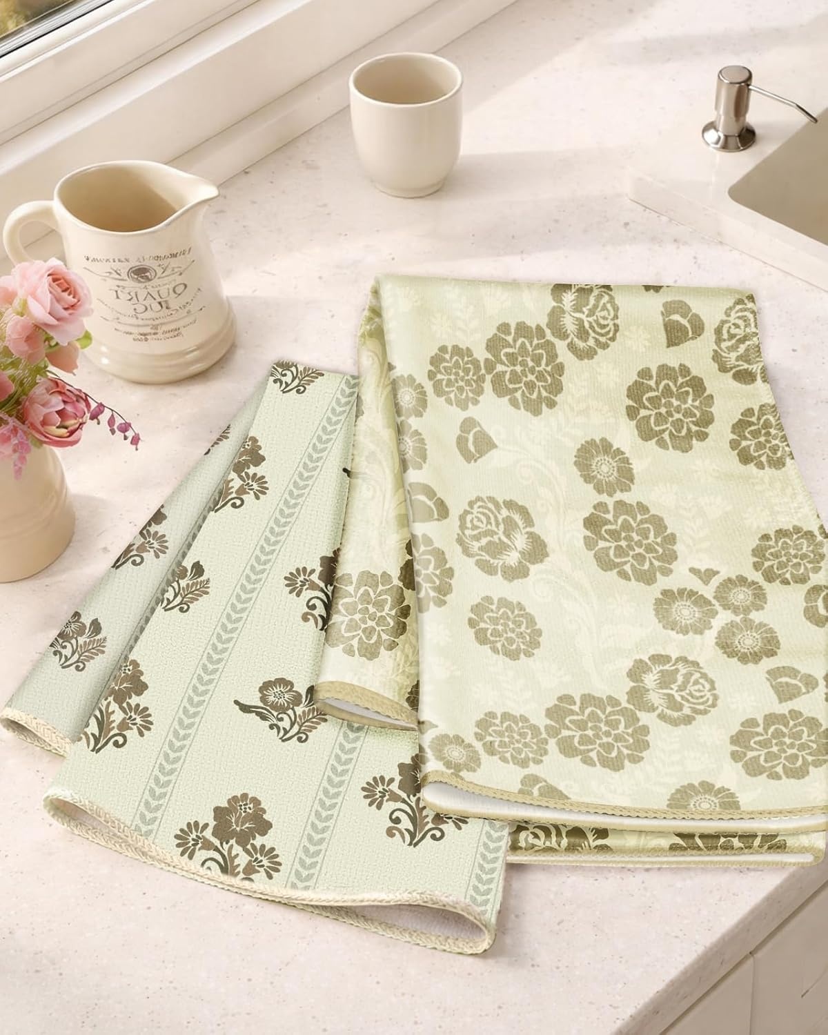 image:imageMiss Adola 2pcs Microfiber Kitchen Towels Boho Kitchen Towels Set of 2 with Hanging Loop Decorative Absorbent 18x26 Inch Hand Towel Botanical Design Dish Cloth for Housewarming Gift French CountryRustic Flower