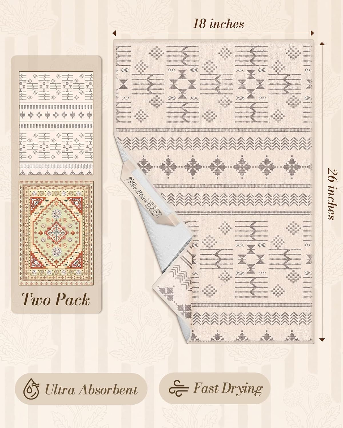 image:imageMiss Adola 2pcs Microfiber Kitchen Towels Boho Kitchen Towels Set of 2 with Hanging Loop Decorative Absorbent 18x26 Inch Hand Towel Botanical Design Dish Cloth for Housewarming Gift French CountryBohemian