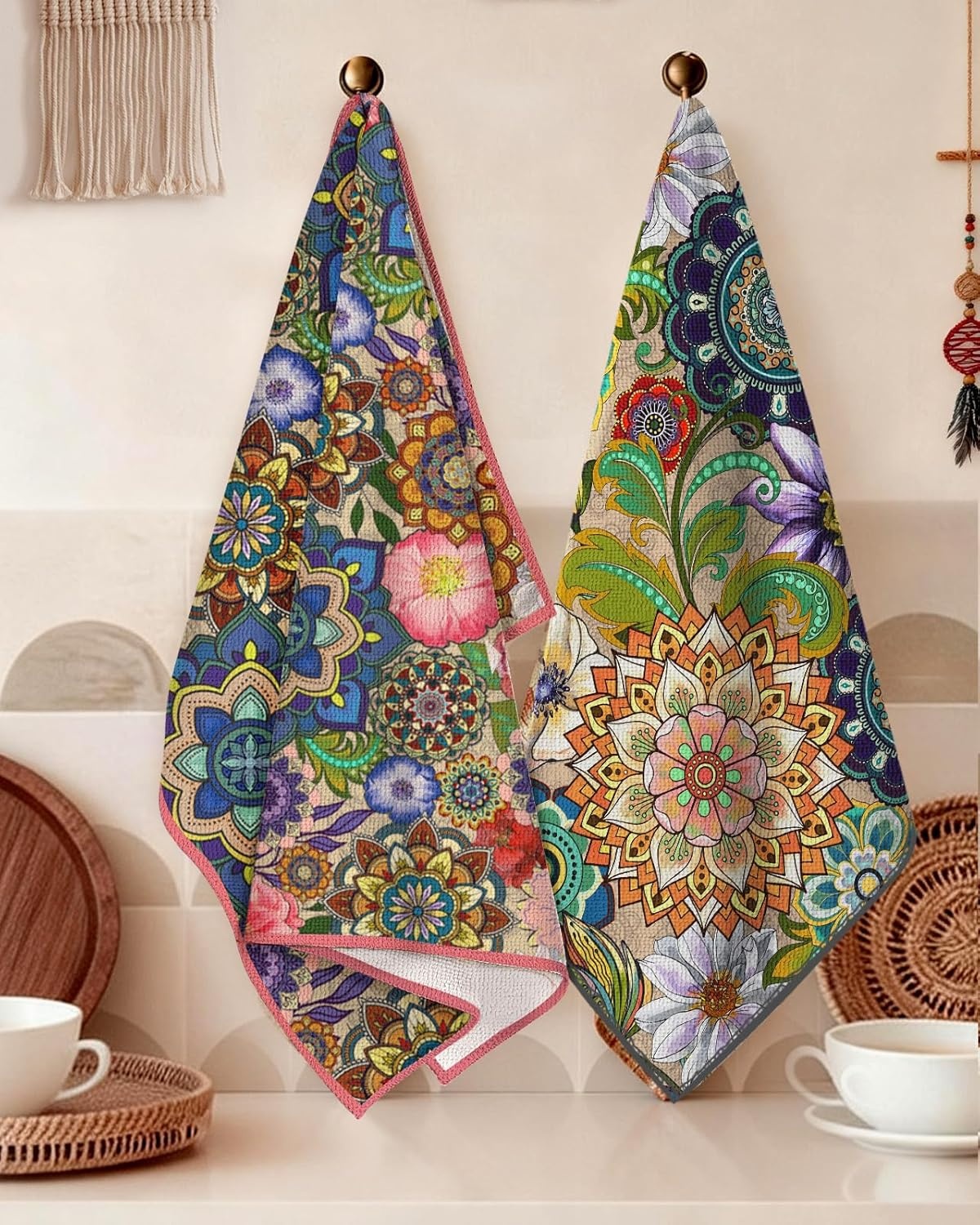 image:imageMiss Adola 2pcs Microfiber Kitchen Towels Boho Kitchen Towels Set of 2 with Hanging Loop Decorative Absorbent 18x26 Inch Hand Towel Botanical Design Dish Cloth for Housewarming Gift French CountryMandala