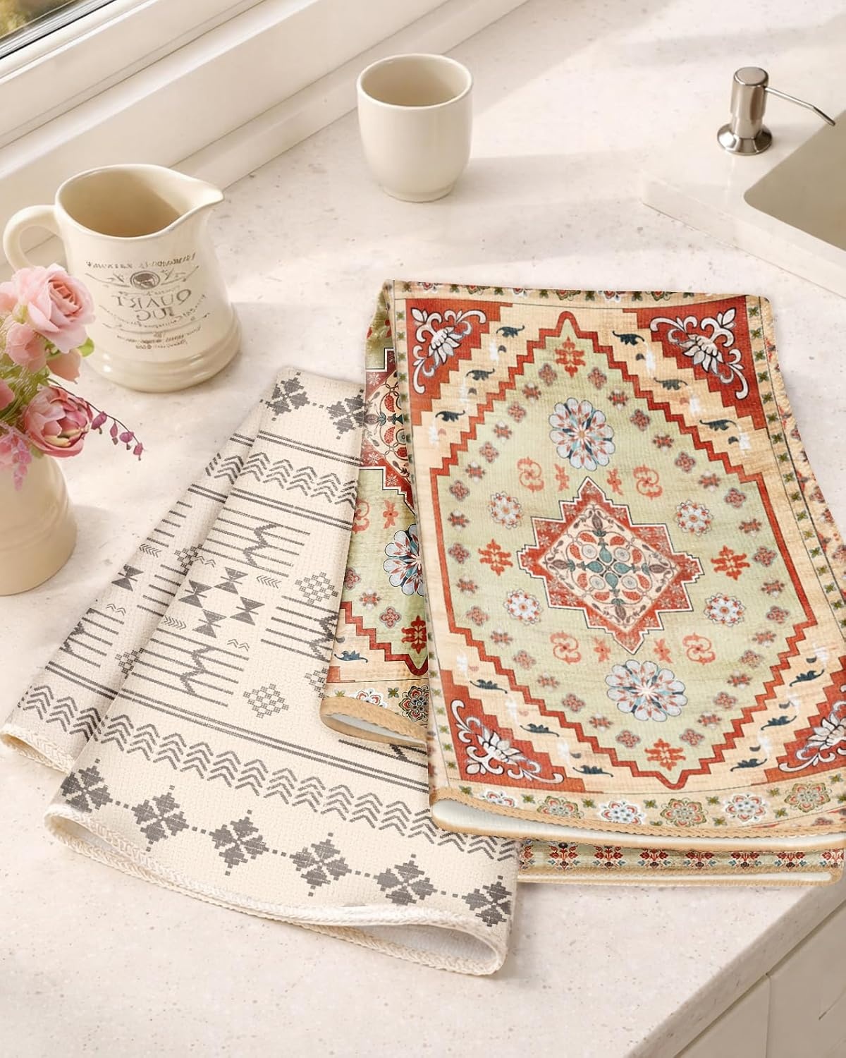 image:imageMiss Adola 2pcs Microfiber Kitchen Towels Boho Kitchen Towels Set of 2 with Hanging Loop Decorative Absorbent 18x26 Inch Hand Towel Botanical Design Dish Cloth for Housewarming Gift French CountryBohemian