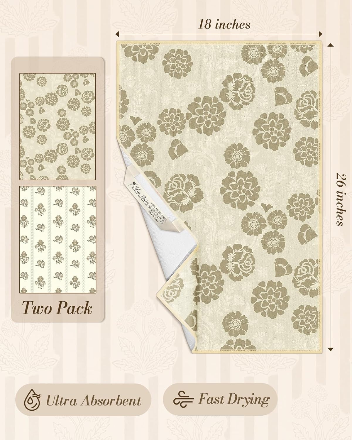 image:imageMiss Adola 2pcs Microfiber Kitchen Towels Boho Kitchen Towels Set of 2 with Hanging Loop Decorative Absorbent 18x26 Inch Hand Towel Botanical Design Dish Cloth for Housewarming Gift French CountryRustic Flower