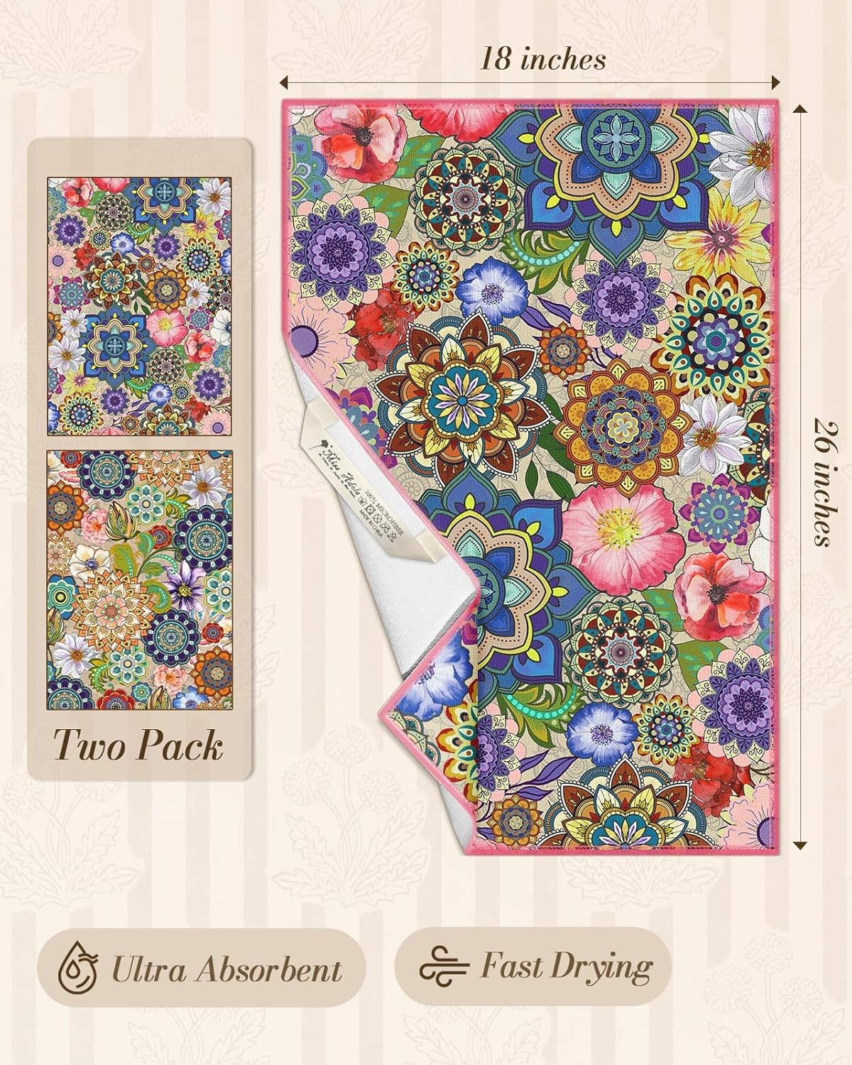 image:imageMiss Adola 2pcs Microfiber Kitchen Towels Boho Kitchen Towels Set of 2 with Hanging Loop Decorative Absorbent 18x26 Inch Hand Towel Botanical Design Dish Cloth for Housewarming Gift French CountryMandala