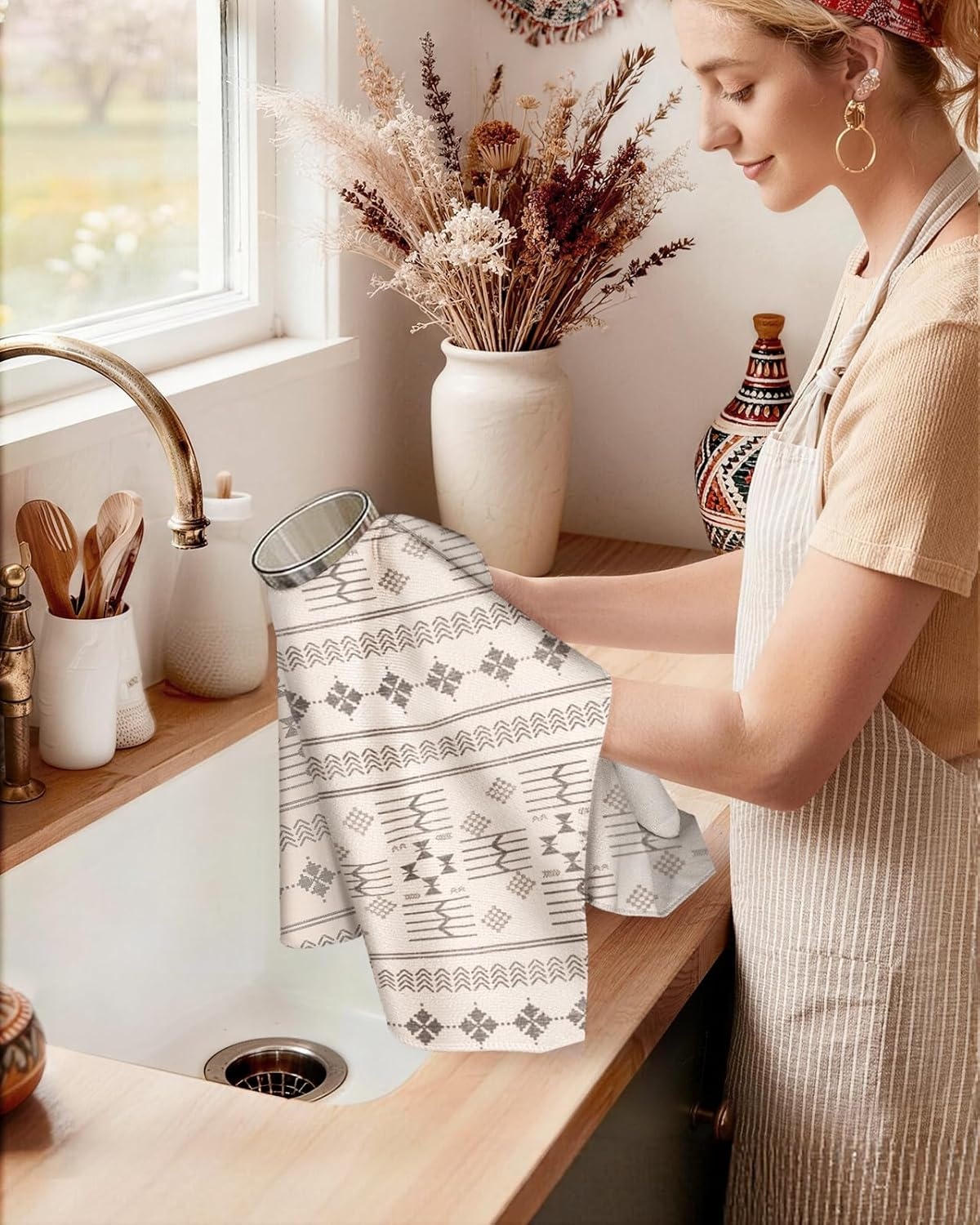 image:imageMiss Adola 2pcs Microfiber Kitchen Towels Boho Kitchen Towels Set of 2 with Hanging Loop Decorative Absorbent 18x26 Inch Hand Towel Botanical Design Dish Cloth for Housewarming Gift French CountryBohemian