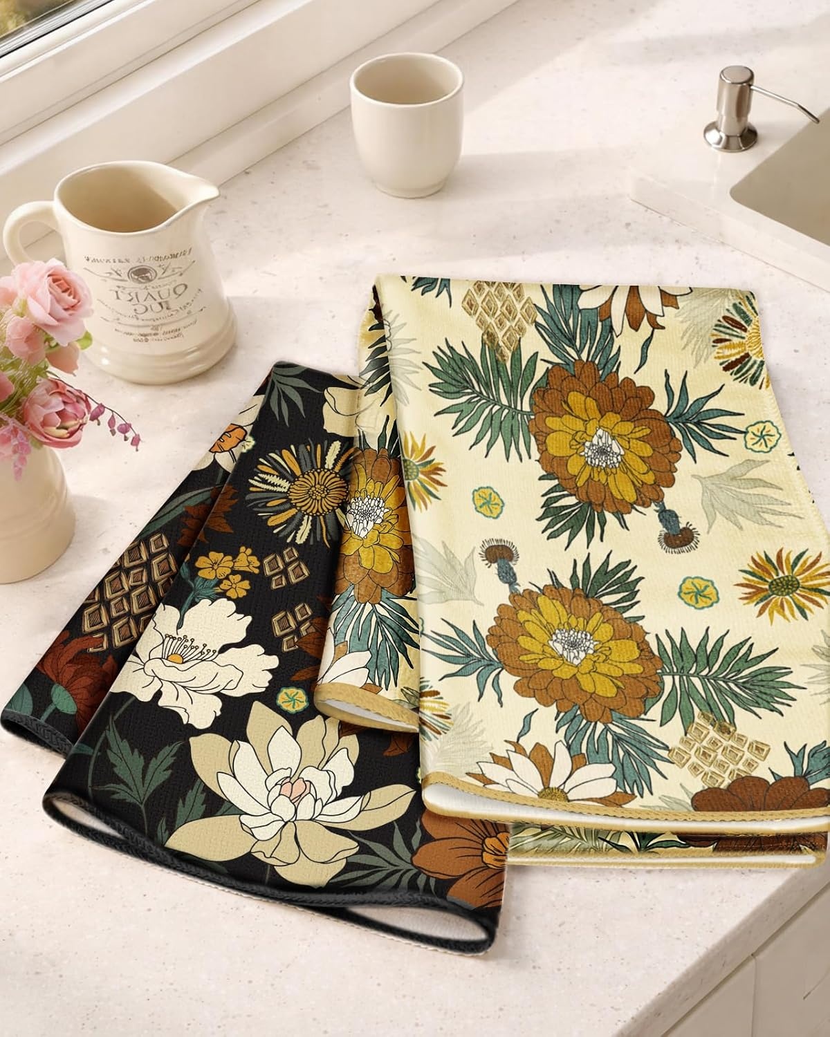 image:imageMiss Adola 2pcs Microfiber Kitchen Towels Boho Kitchen Towels Set of 2 with Hanging Loop Decorative Absorbent 18x26 Inch Hand Towel Botanical Design Dish Cloth for Housewarming Gift French CountryModern Flower