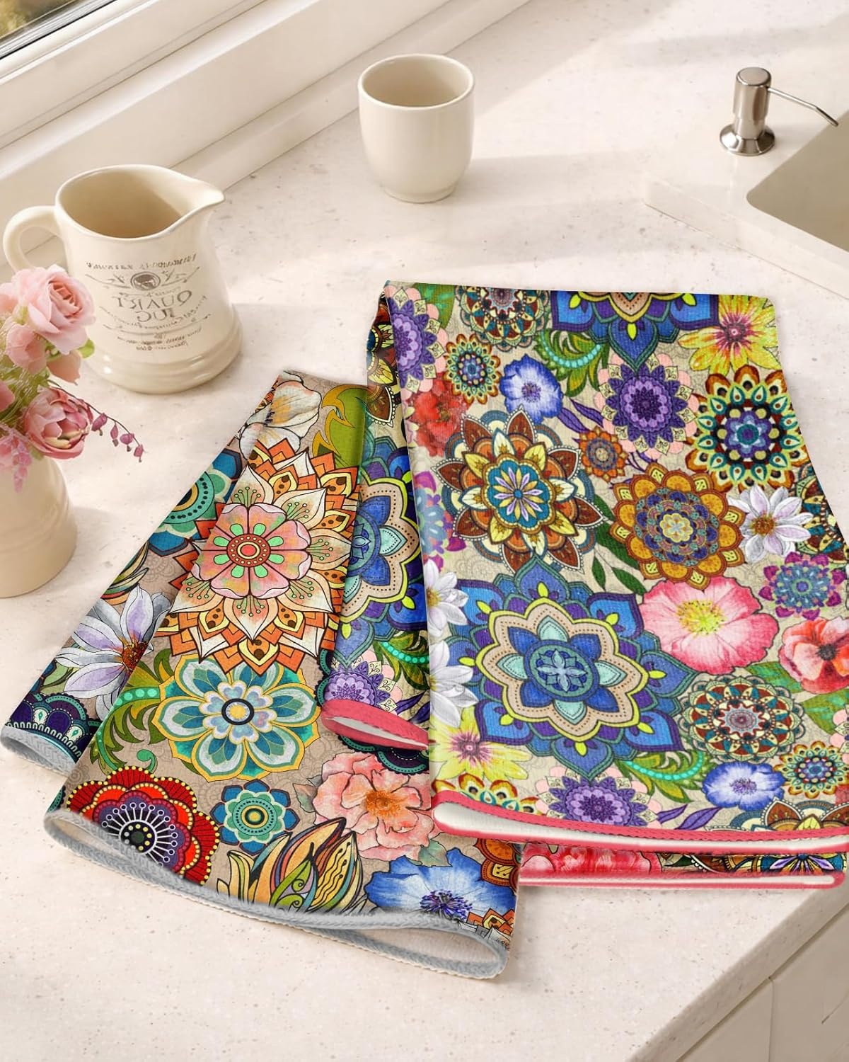 image:imageMiss Adola 2pcs Microfiber Kitchen Towels Boho Kitchen Towels Set of 2 with Hanging Loop Decorative Absorbent 18x26 Inch Hand Towel Botanical Design Dish Cloth for Housewarming Gift French CountryMandala
