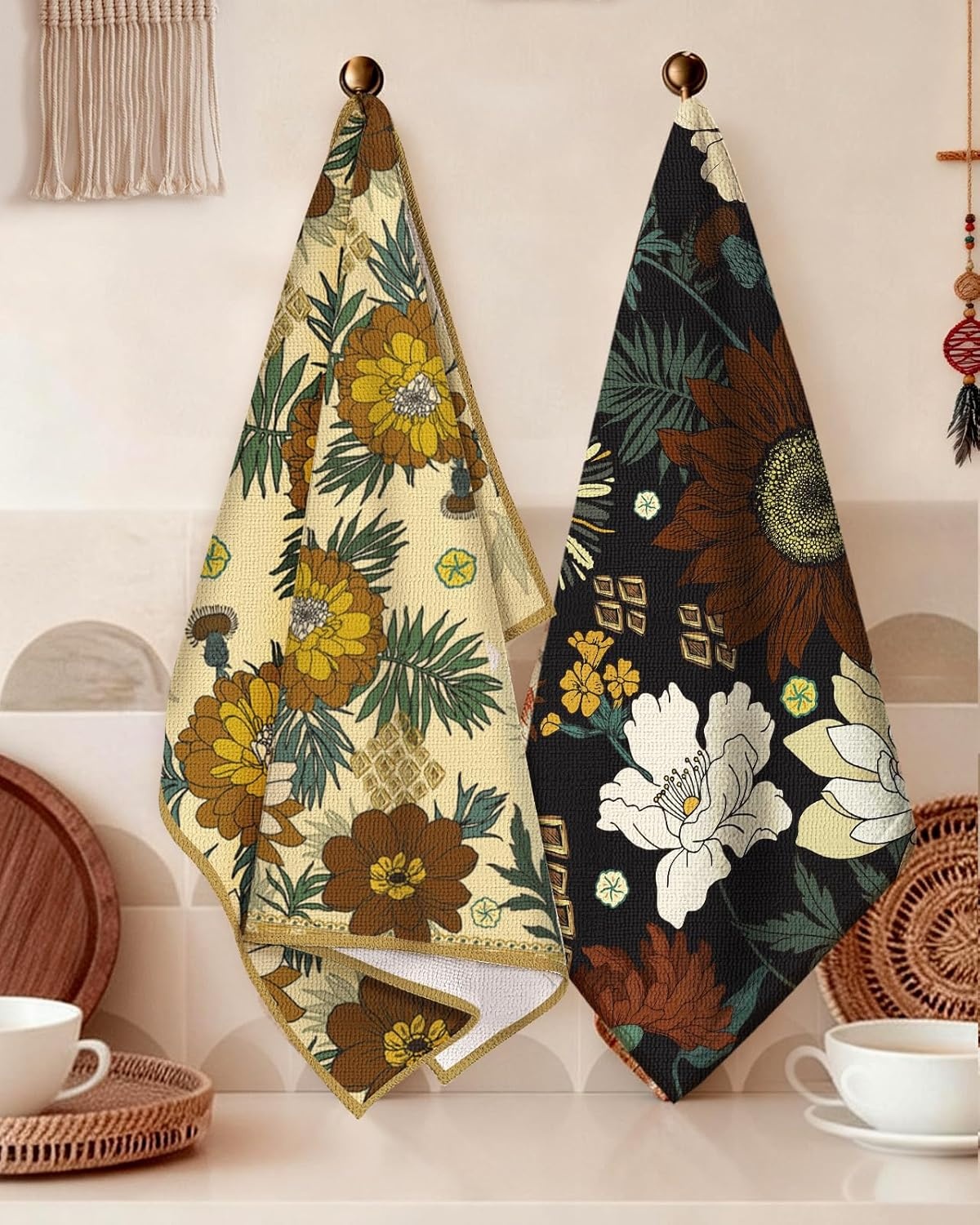 image:imageMiss Adola 2pcs Microfiber Kitchen Towels Boho Kitchen Towels Set of 2 with Hanging Loop Decorative Absorbent 18x26 Inch Hand Towel Botanical Design Dish Cloth for Housewarming Gift French CountryModern Flower