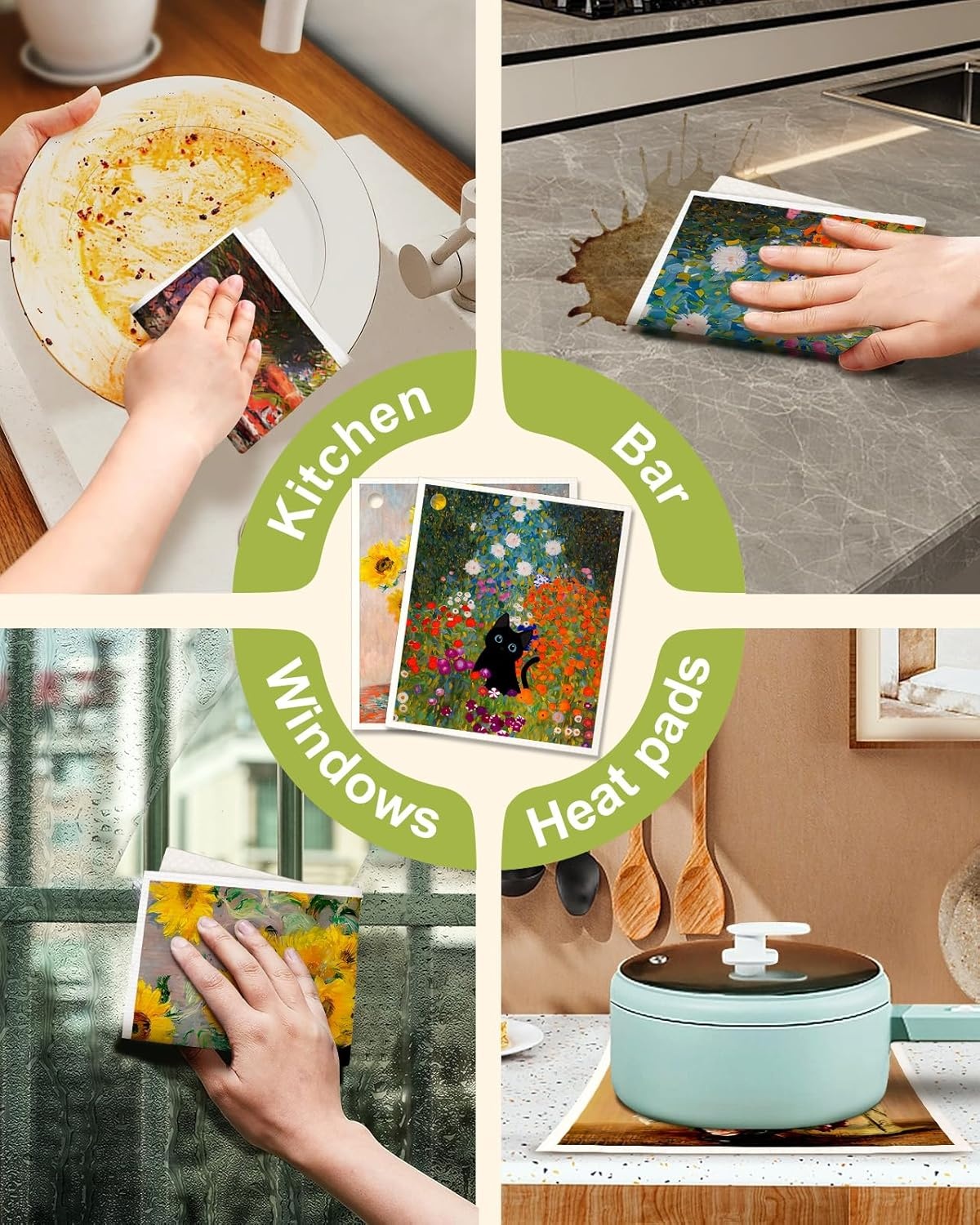 image:imageMiss Adola 6 Pack Swedish Dishcloths for Kitchen Reusable Dish Cloths for Washing Dishes Absorbent Cute Funny Kitchen Towels Cleaning Sponge Floral CatCat in Flowers