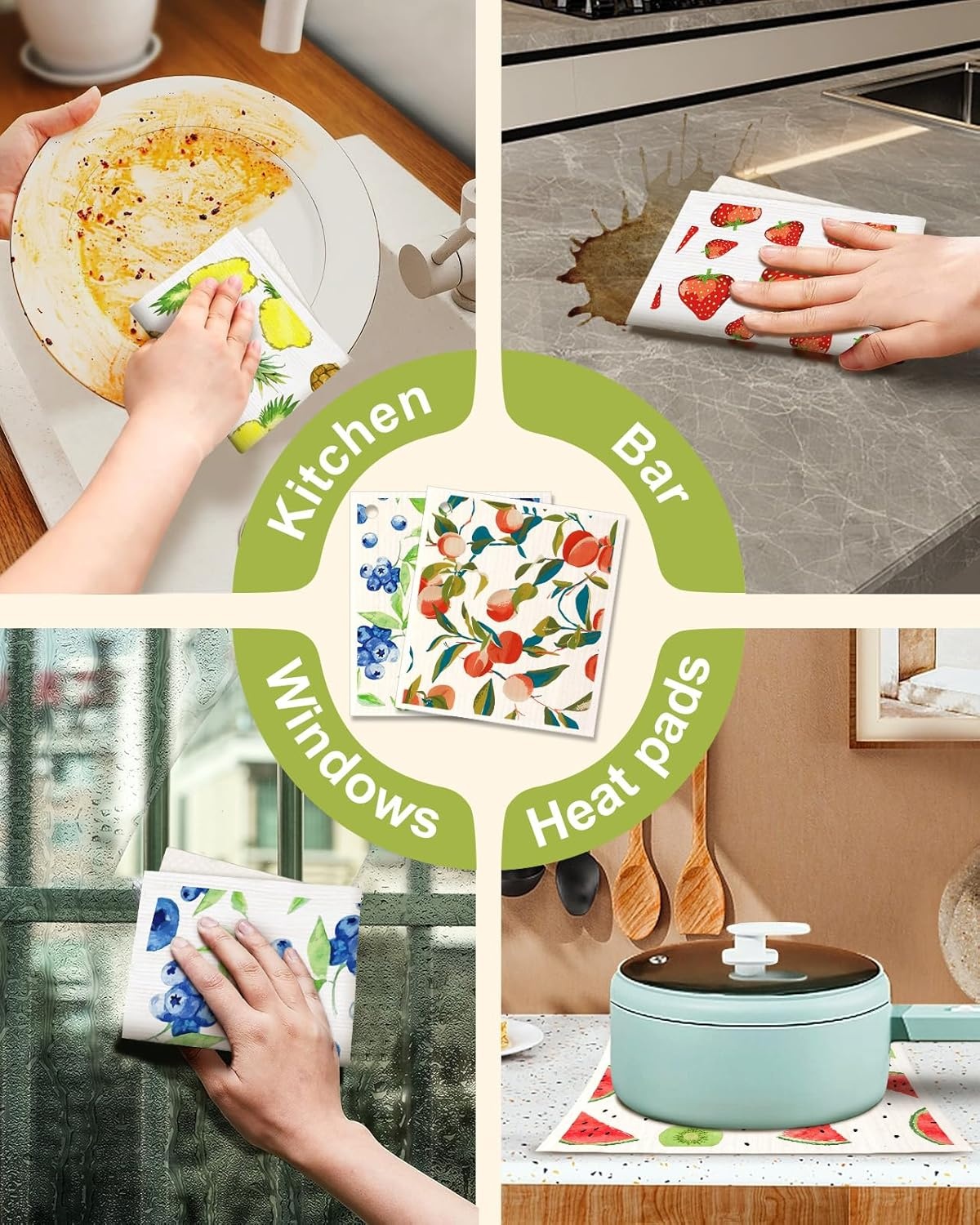 image:imageMiss Adola 6 Pack Swedish Dishcloths for Kitchen Reusable Dish Cloths for Washing Dishes Absorbent Cute Funny Kitchen Towels Cleaning Sponge Floral CatLemon Fruit