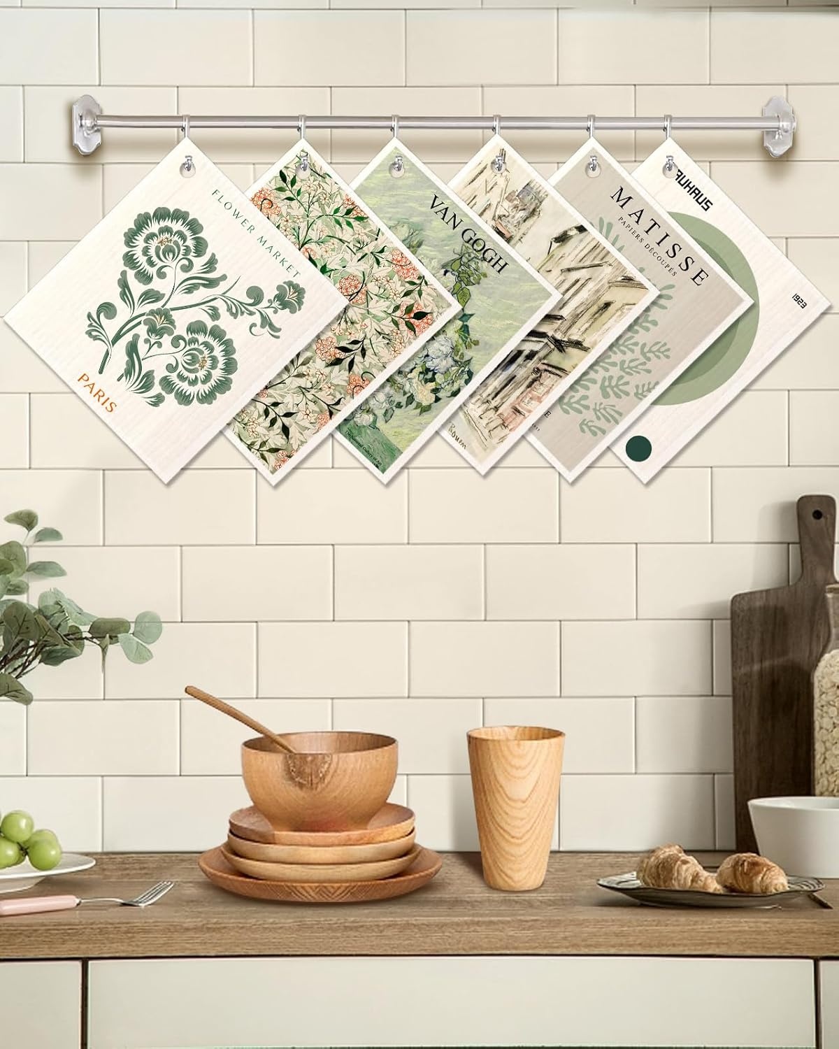 image:imageMiss Adola 6 Pack Swedish Dishcloths for Kitchen Reusable Dish Cloths for Washing Dishes Absorbent Cute Funny Kitchen Towels Cleaning Sponge Floral CatGreen Artist