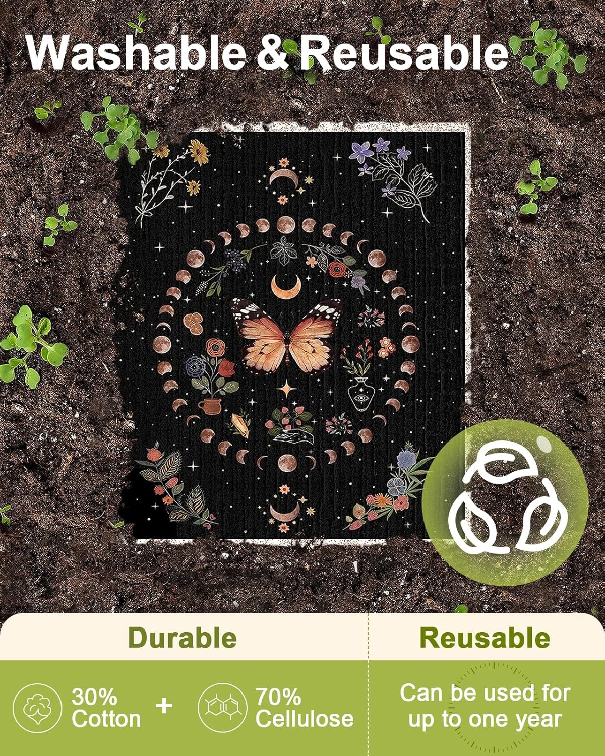 image:imageMiss Adola 6 Pack Swedish Dishcloths for Kitchen Reusable Dish Cloths for Washing Dishes Absorbent Cute Funny Kitchen Towels Cleaning Sponge Floral CatMoonlit Butterfly