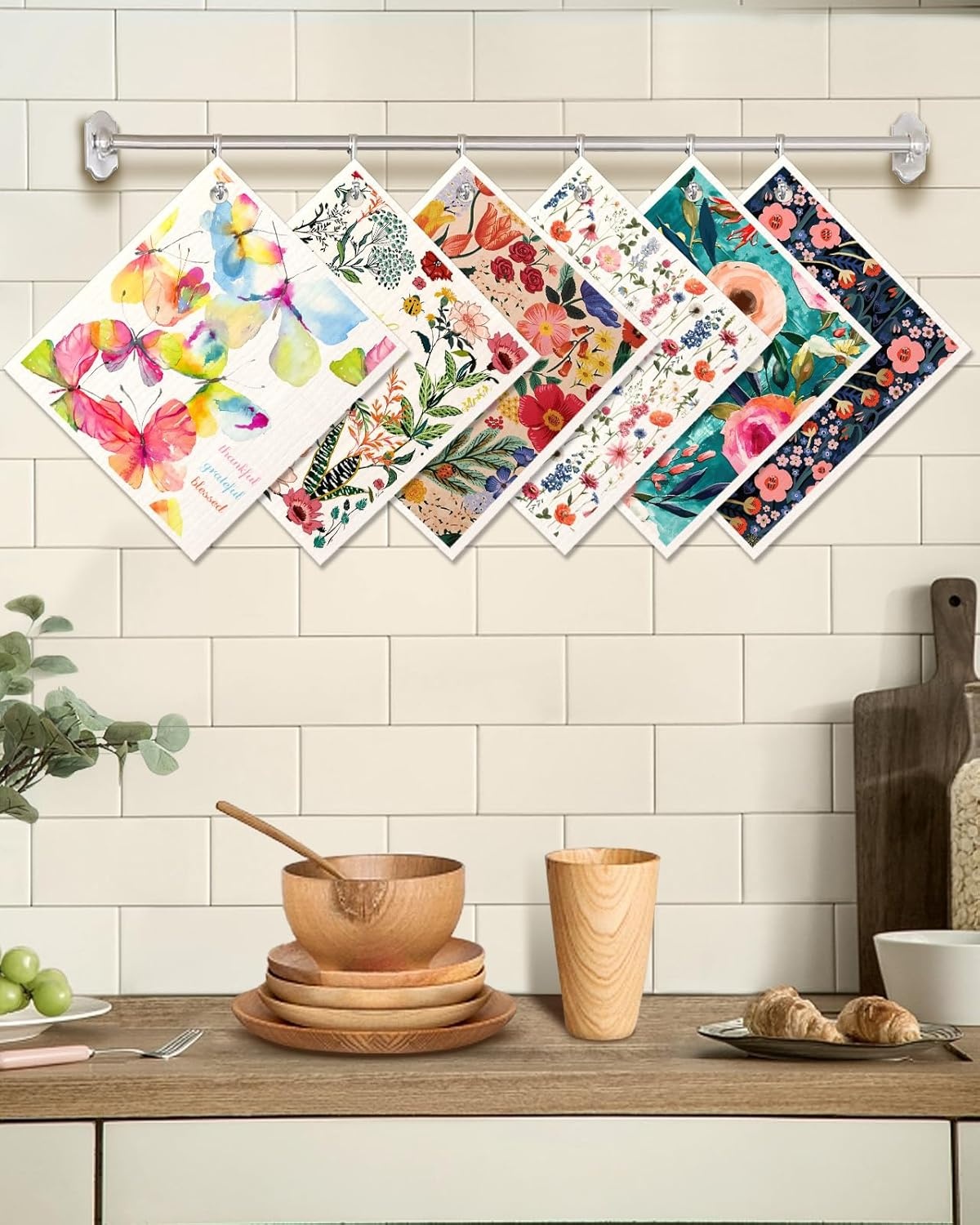 image:imageMiss Adola 6 Pack Swedish Dishcloths for Kitchen Reusable Dish Cloths for Washing Dishes Absorbent Cute Funny Kitchen Towels Cleaning Sponge Floral CatFloral Bird