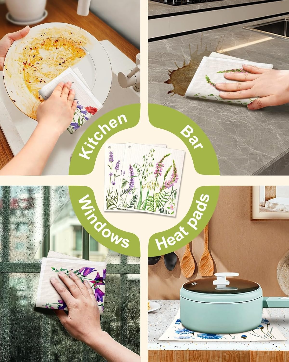 image:imageMiss Adola 6 Pack Swedish Dishcloths for Kitchen Reusable Dish Cloths for Washing Dishes Absorbent Cute Funny Kitchen Towels Cleaning Sponge Floral CatLavender Flower