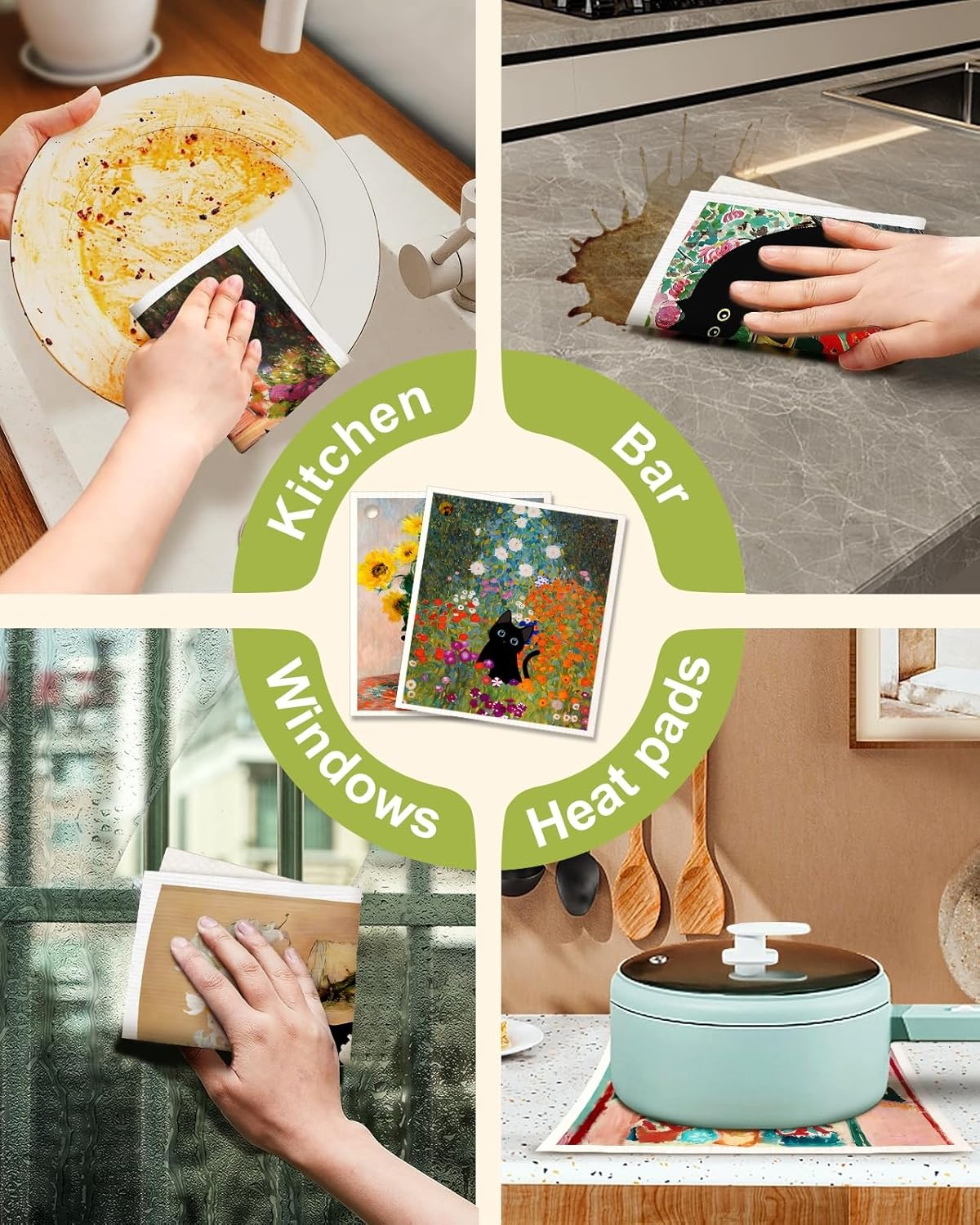 image:imageMiss Adola 6 Pack Swedish Dishcloths for Kitchen Reusable Dish Cloths for Washing Dishes Absorbent Cute Funny Kitchen Towels Cleaning Sponge Floral CatCat in Flowers
