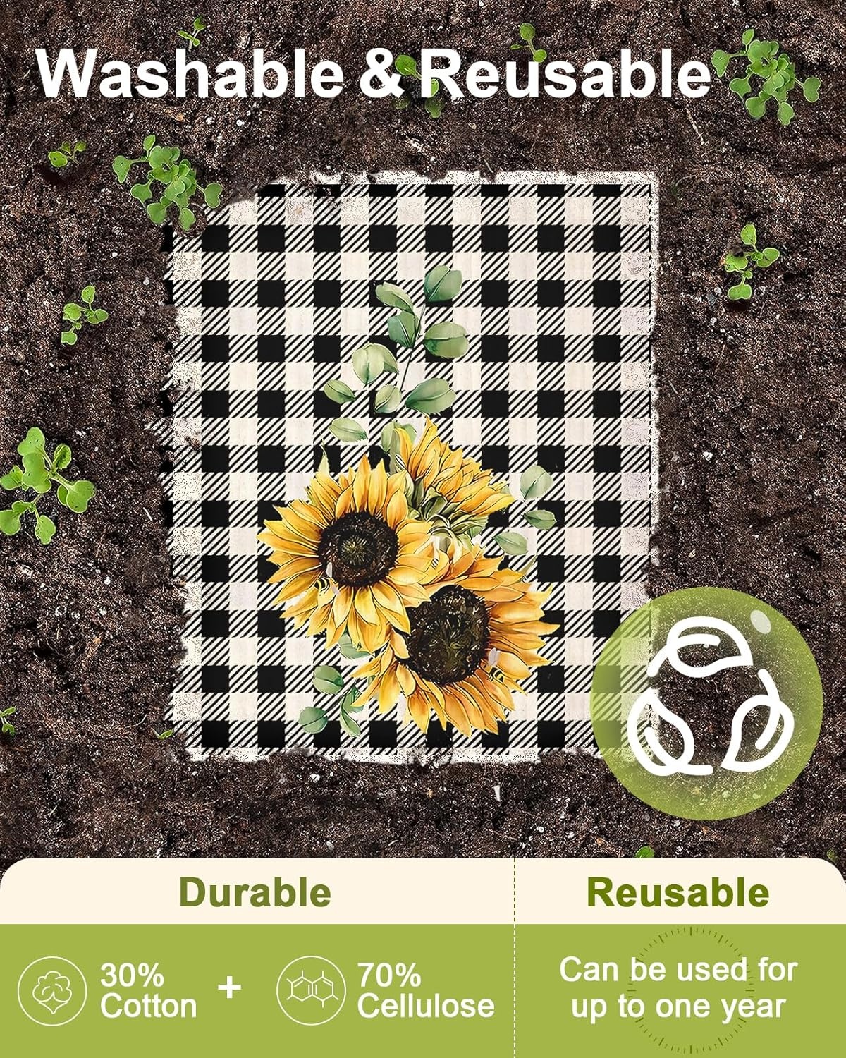 image:imageMiss Adola 6 Pack Swedish Dishcloths for Kitchen Reusable Dish Cloths for Washing Dishes Absorbent Cute Funny Kitchen Towels Cleaning Sponge Floral CatSunflower
