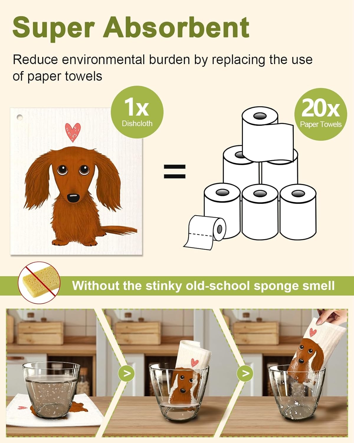 image:imageMiss Adola 6 Pack Swedish Dishcloths for Kitchen Reusable Dish Cloths for Washing Dishes Absorbent Cute Funny Kitchen Towels Cleaning Sponge Floral CatLove Dachshund