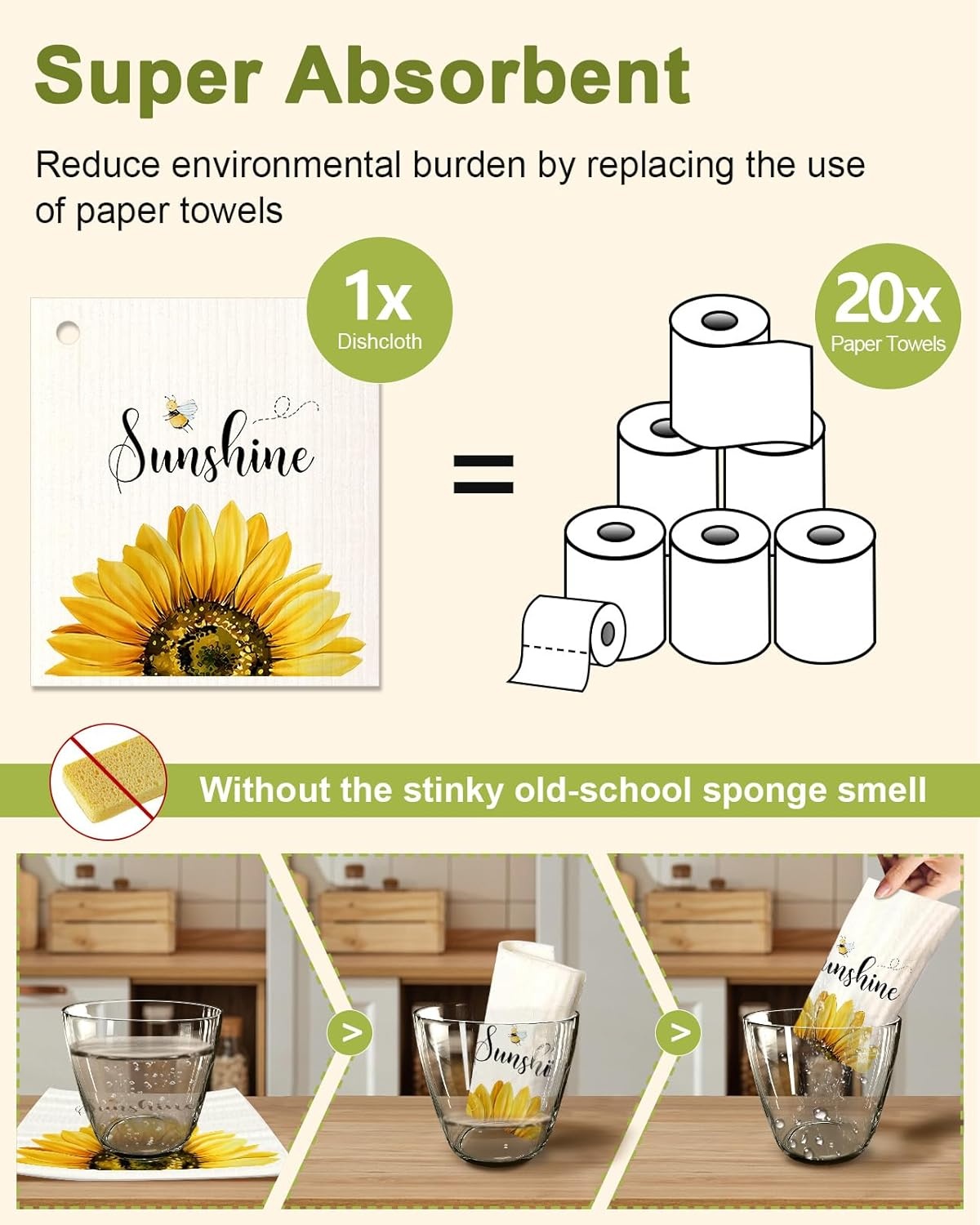image:imageMiss Adola 6 Pack Swedish Dishcloths for Kitchen Reusable Dish Cloths for Washing Dishes Absorbent Cute Funny Kitchen Towels Cleaning Sponge Floral CatSunflower