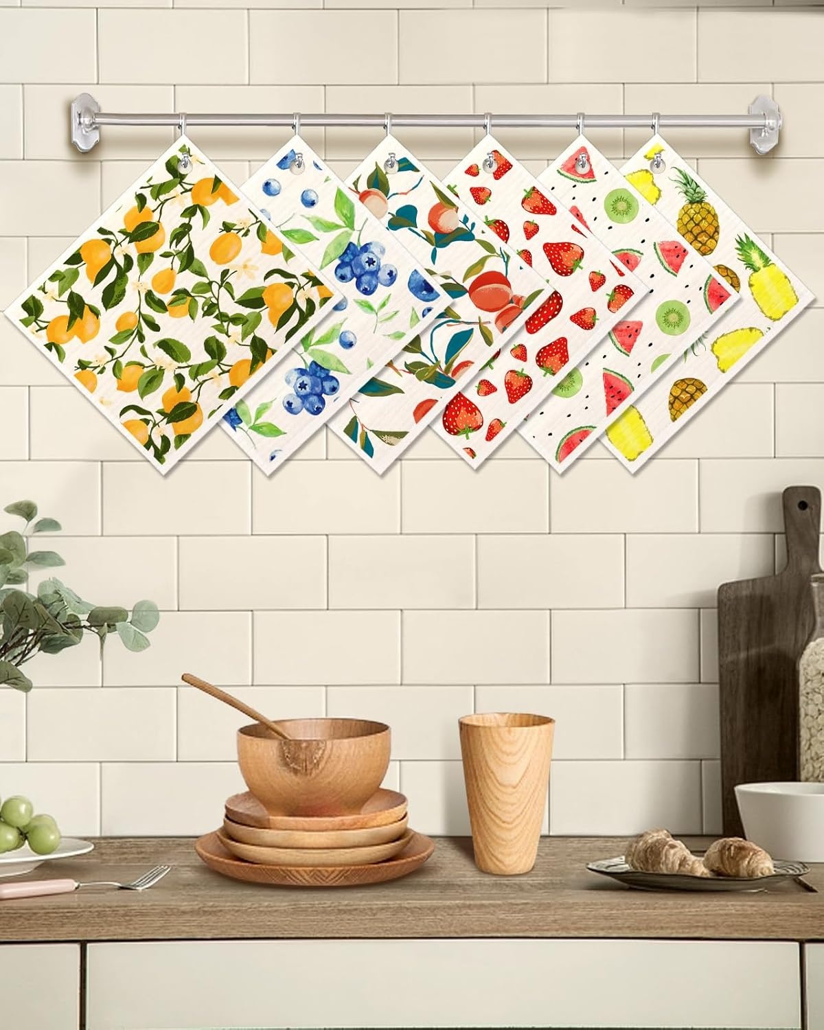 image:imageMiss Adola 6 Pack Swedish Dishcloths for Kitchen Reusable Dish Cloths for Washing Dishes Absorbent Cute Funny Kitchen Towels Cleaning Sponge Floral CatLemon Fruit