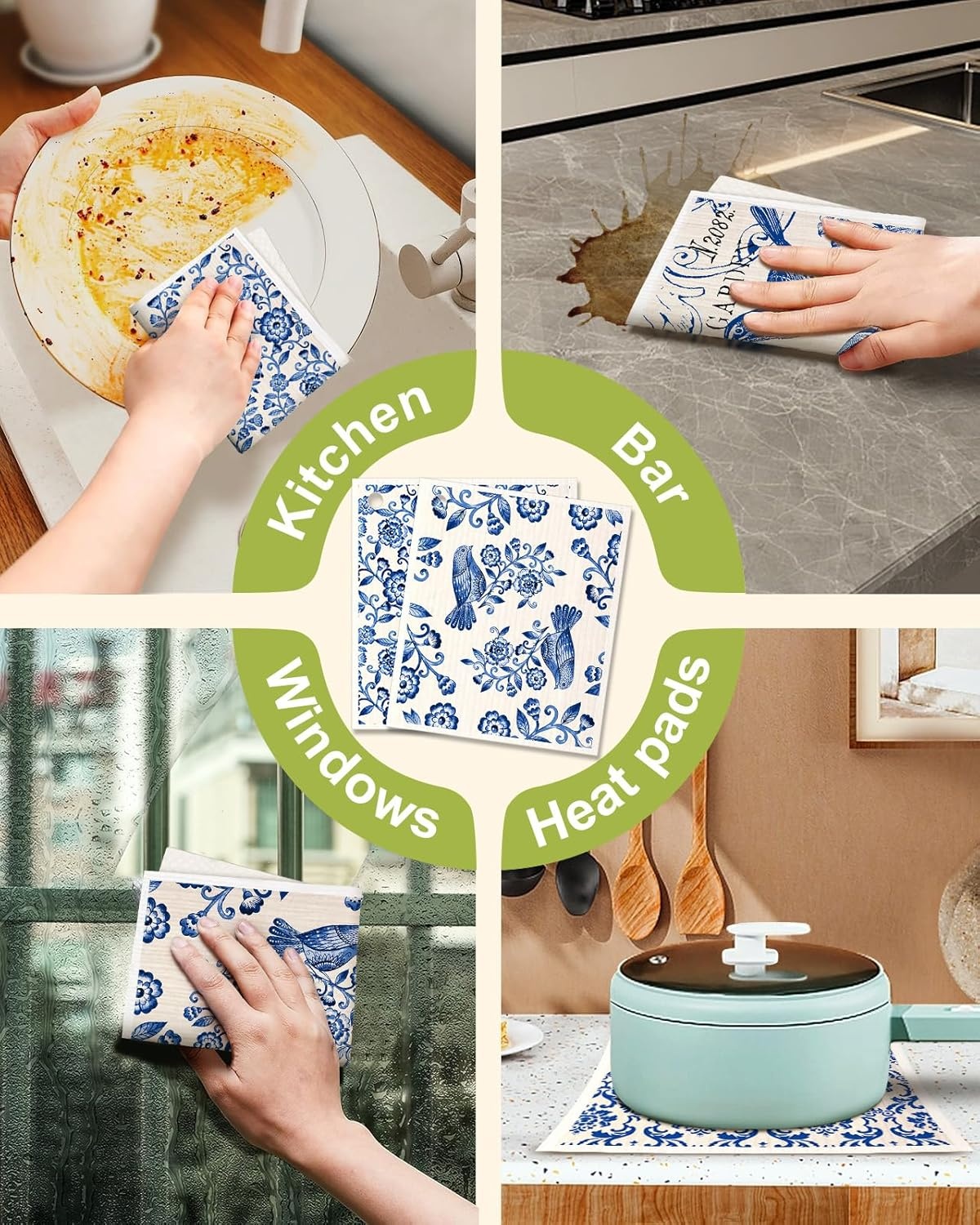 image:imageMiss Adola 6 Pack Swedish Dishcloths for Kitchen Reusable Dish Cloths for Washing Dishes Absorbent Cute Funny Kitchen Towels Cleaning Sponge Floral CatCeramic Style