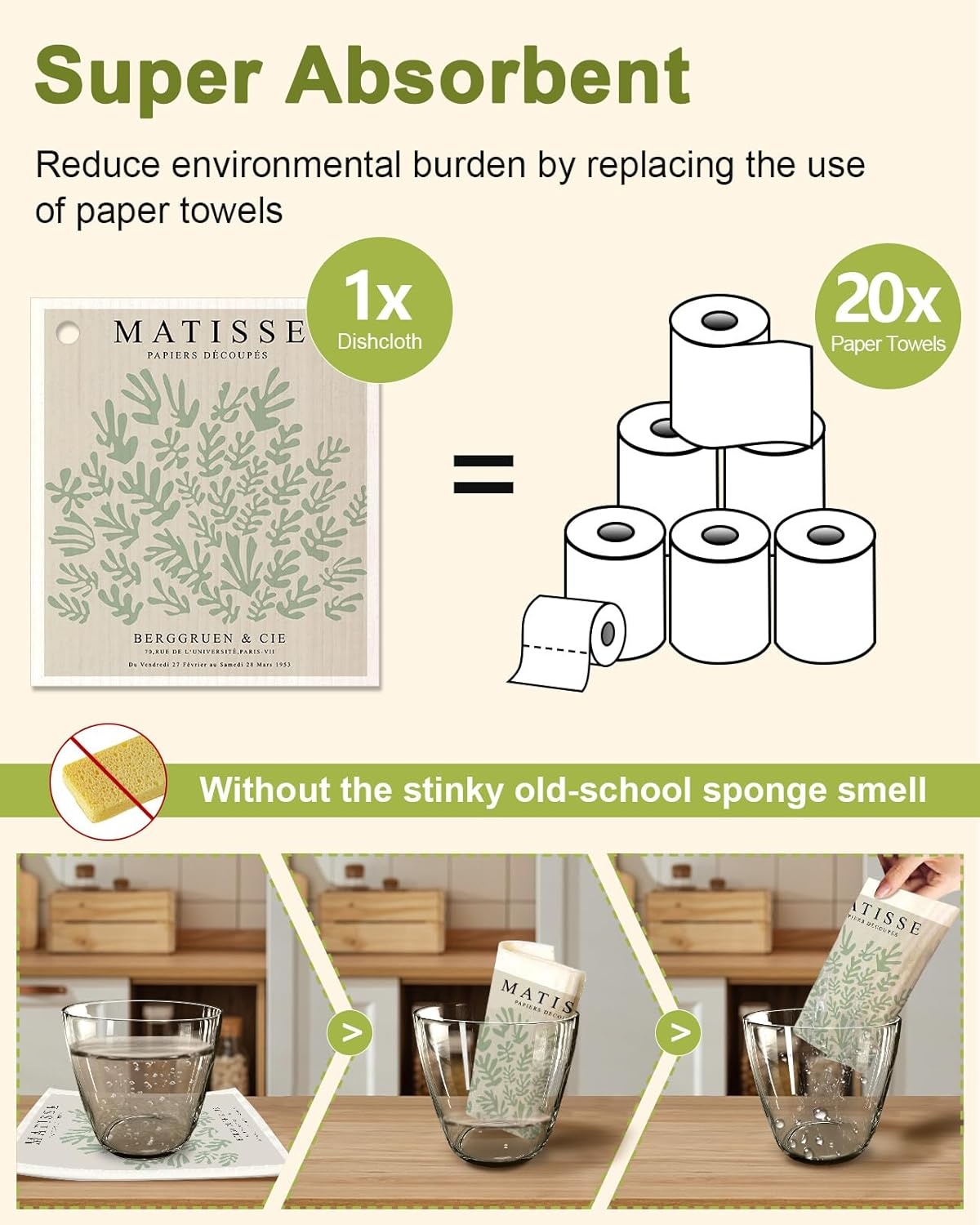 image:imageMiss Adola 6 Pack Swedish Dishcloths for Kitchen Reusable Dish Cloths for Washing Dishes Absorbent Cute Funny Kitchen Towels Cleaning Sponge Floral CatGreen Artist
