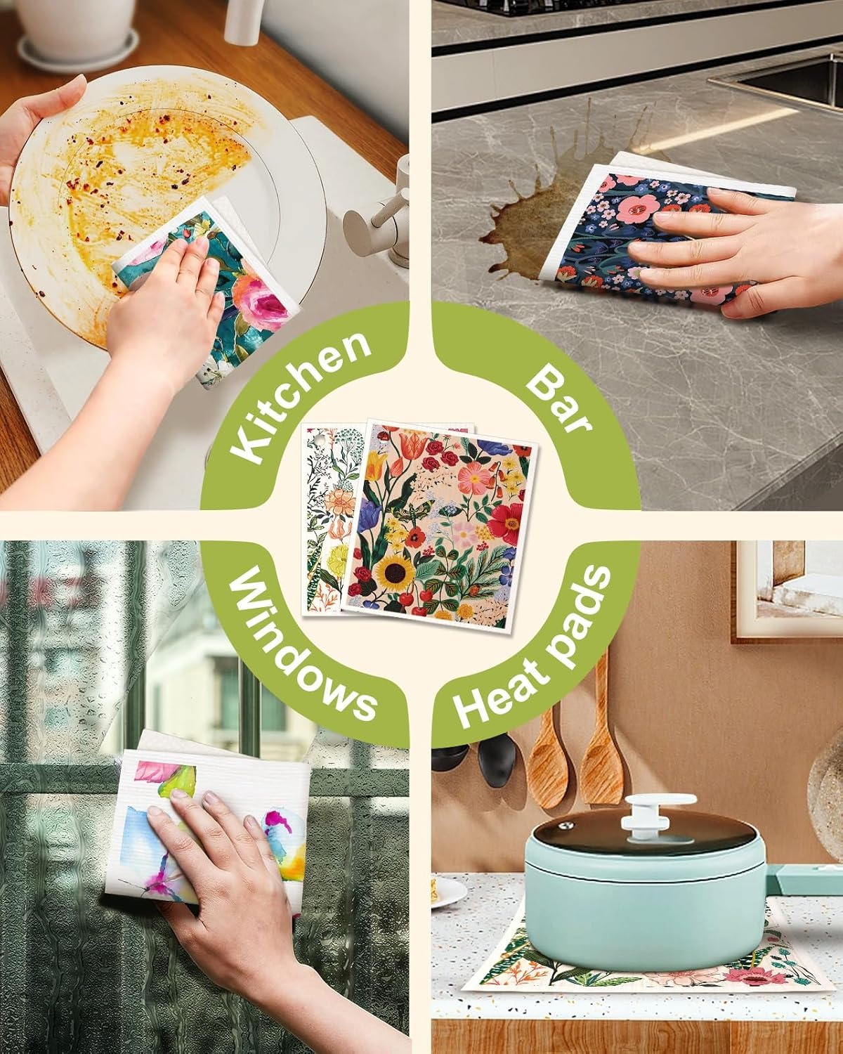 image:imageMiss Adola 6 Pack Swedish Dishcloths for Kitchen Reusable Dish Cloths for Washing Dishes Absorbent Cute Funny Kitchen Towels Cleaning Sponge Floral CatFloral Bird
