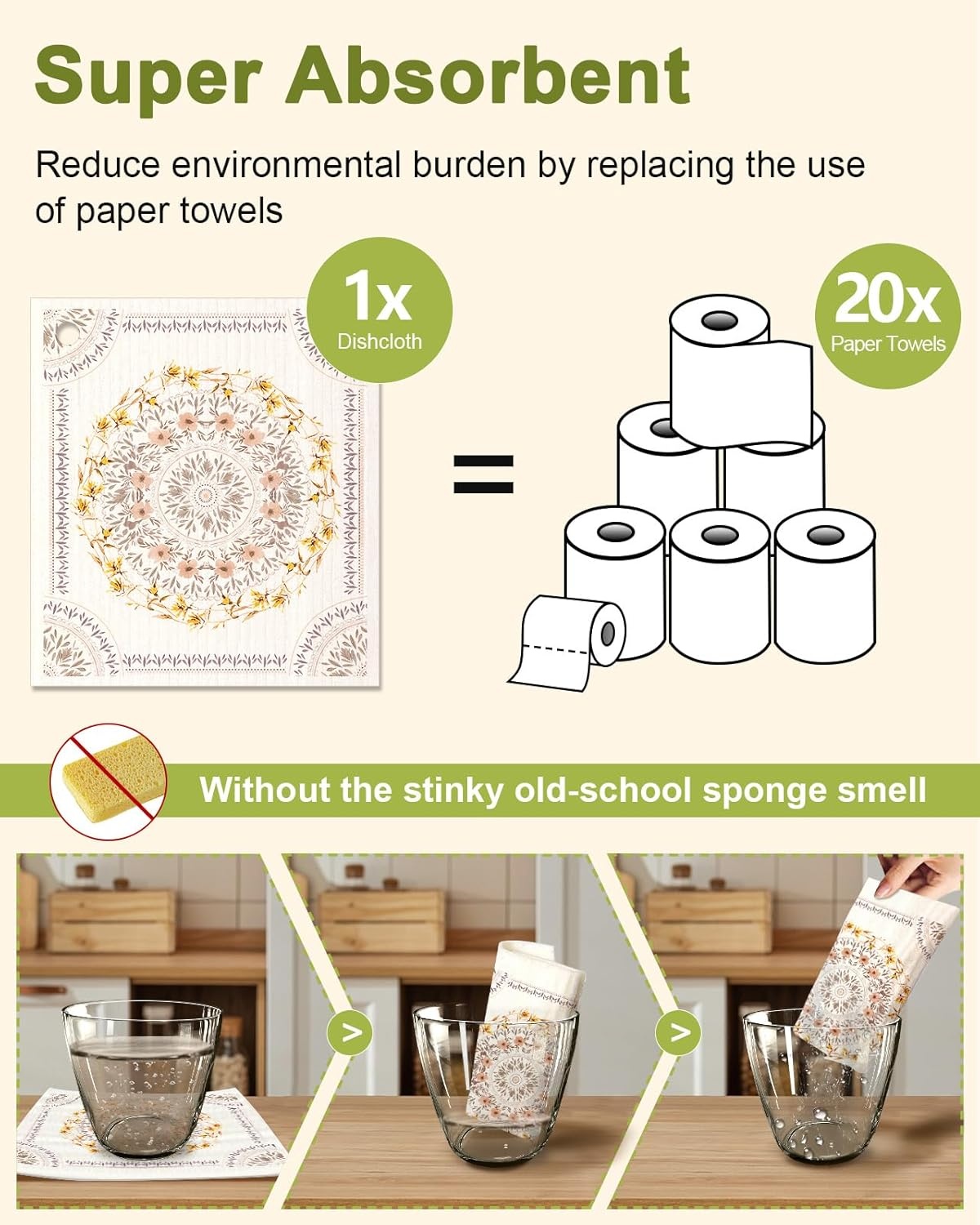 image:imageMiss Adola 6 Pack Swedish Dishcloths for Kitchen Reusable Dish Cloths for Washing Dishes Absorbent Cute Funny Kitchen Towels Cleaning Sponge Floral CatBohemi