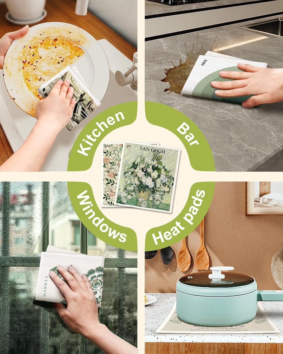 image:imageMiss Adola 6 Pack Swedish Dishcloths for Kitchen Reusable Dish Cloths for Washing Dishes Absorbent Cute Funny Kitchen Towels Cleaning Sponge Floral CatGreen Artist