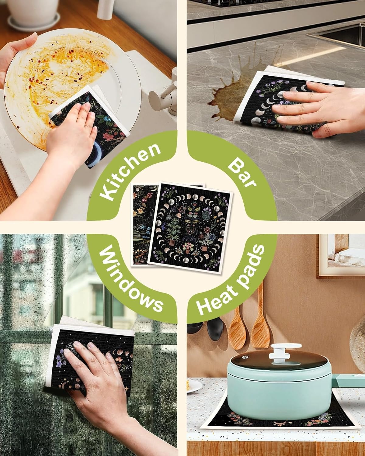 image:imageMiss Adola 6 Pack Swedish Dishcloths for Kitchen Reusable Dish Cloths for Washing Dishes Absorbent Cute Funny Kitchen Towels Cleaning Sponge Floral CatMoonlit Butterfly