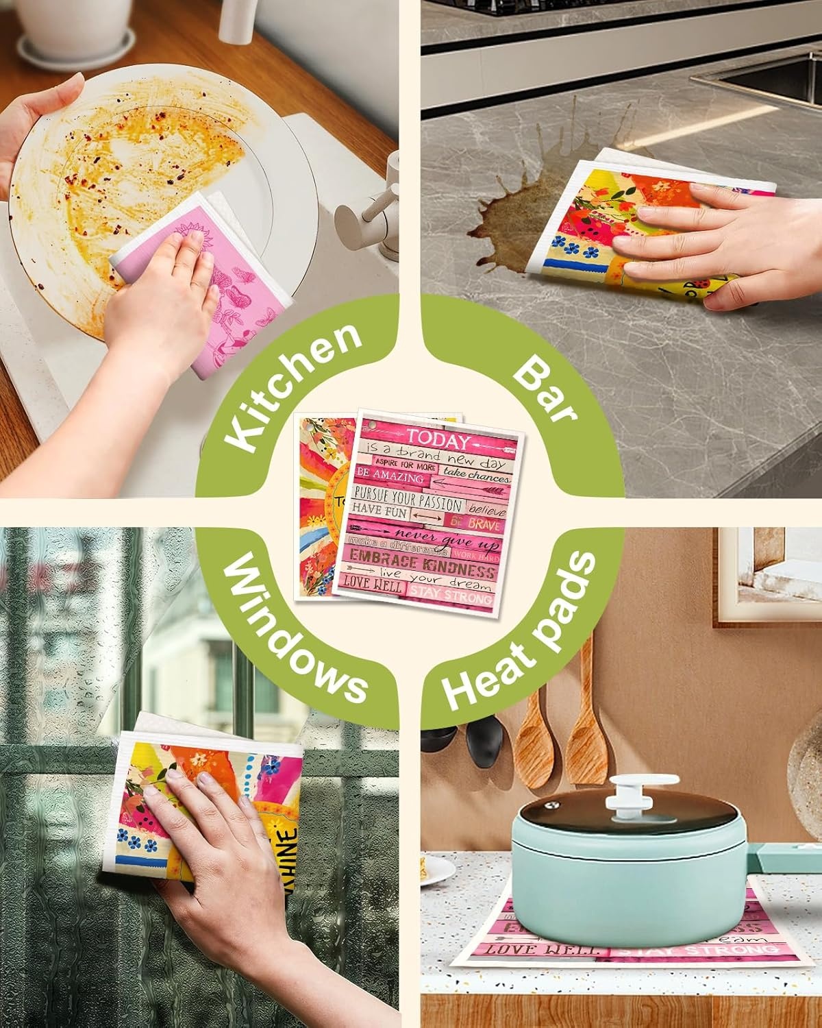 image:imageMiss Adola 6 Pack Swedish Dishcloths for Kitchen Reusable Dish Cloths for Washing Dishes Absorbent Cute Funny Kitchen Towels Cleaning Sponge Floral CatPositive Words