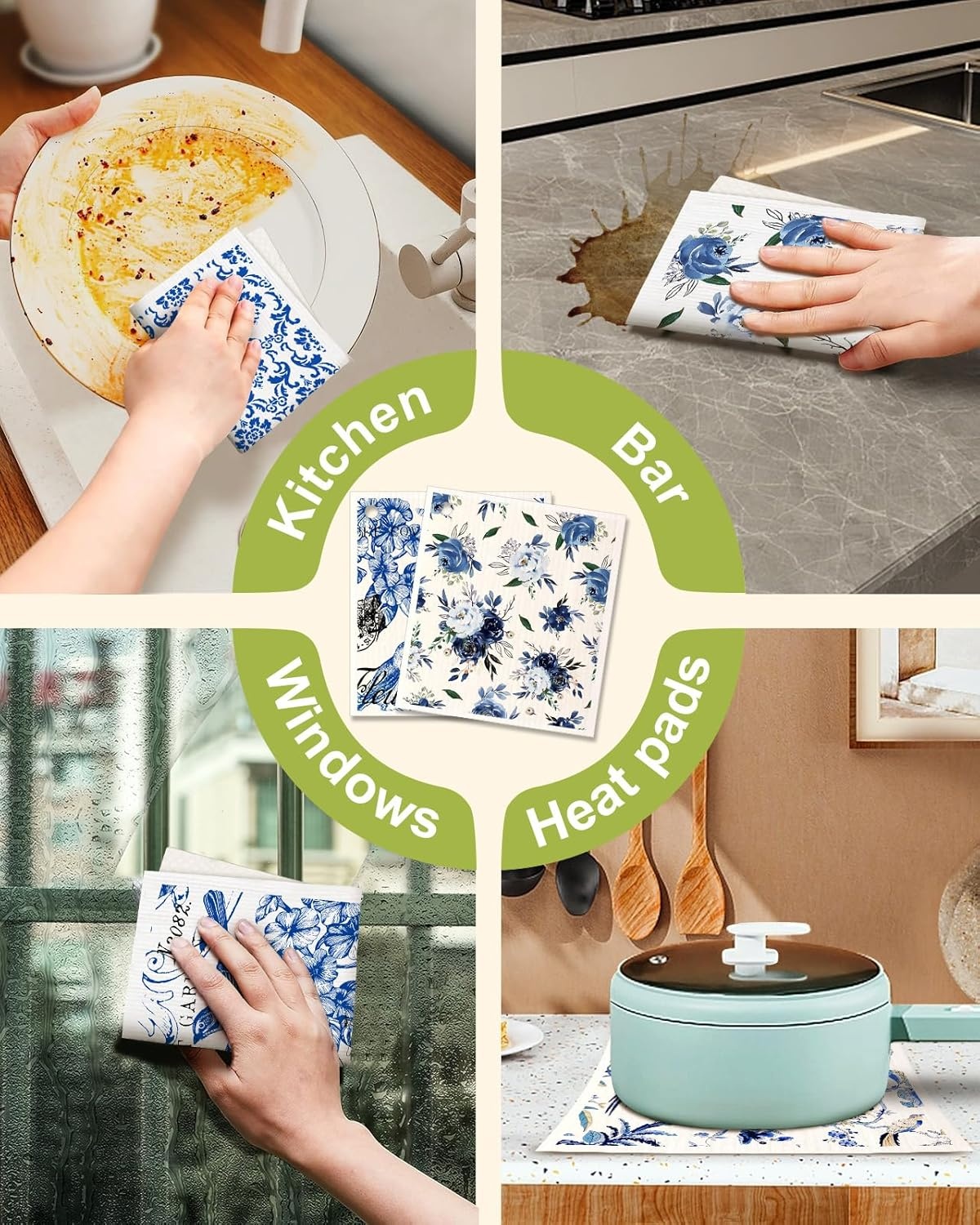 image:imageMiss Adola 6 Pack Swedish Dishcloths for Kitchen Reusable Dish Cloths for Washing Dishes Absorbent Cute Funny Kitchen Towels Cleaning Sponge Floral CatCeramic Style