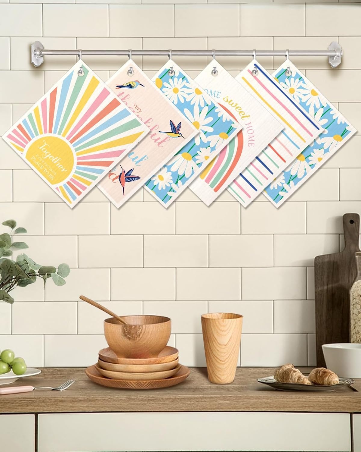 image:imageMiss Adola 6 Pack Swedish Dishcloths for Kitchen Reusable Dish Cloths for Washing Dishes Absorbent Cute Funny Kitchen Towels Cleaning Sponge Floral CatRainbow