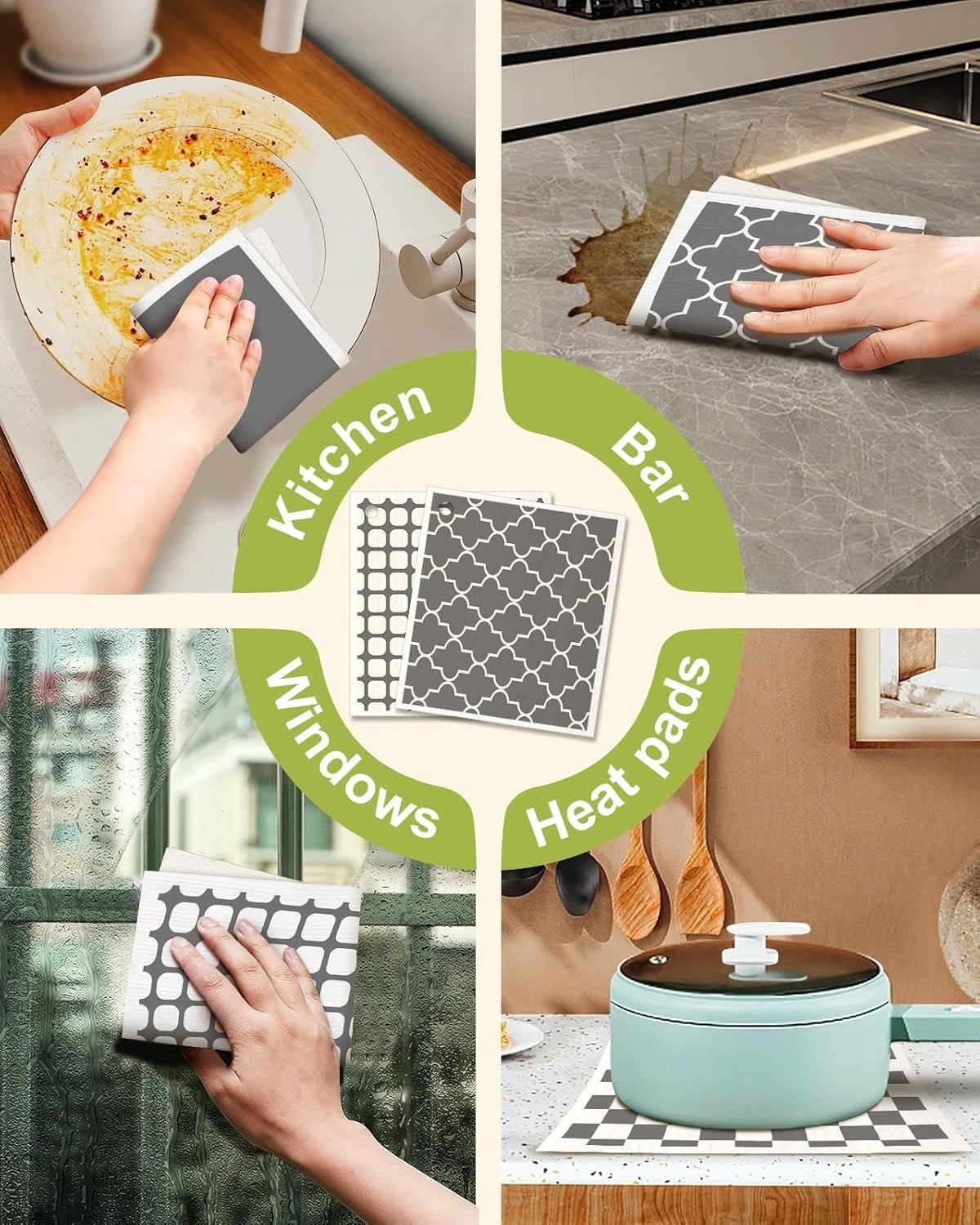 image:imageMiss Adola 6 Pack Swedish Dishcloths for Kitchen Reusable Dish Cloths for Washing Dishes Absorbent Cute Funny Kitchen Towels Cleaning Sponge Floral CatGrey Checked