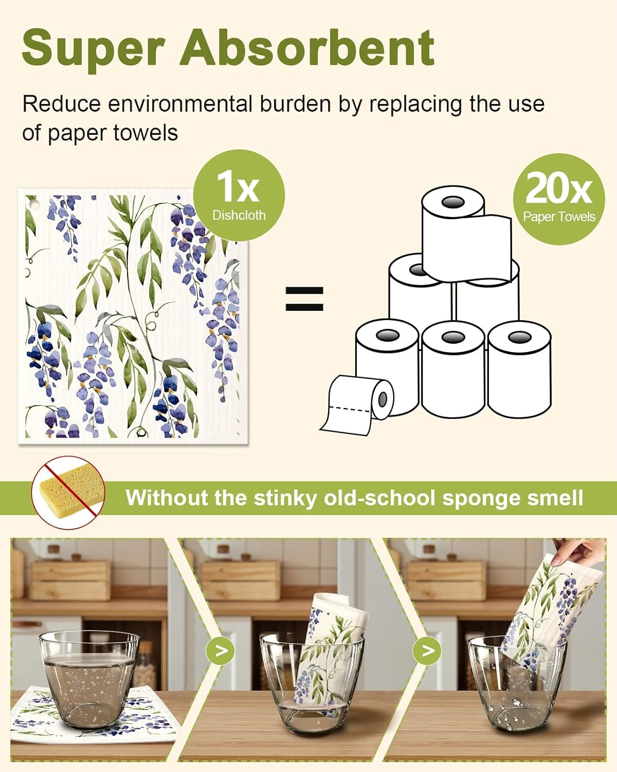 image:imageMiss Adola 6 Pack Swedish Dishcloths for Kitchen Reusable Dish Cloths for Washing Dishes Absorbent Cute Funny Kitchen Towels Cleaning Sponge Floral CatLavender Flower