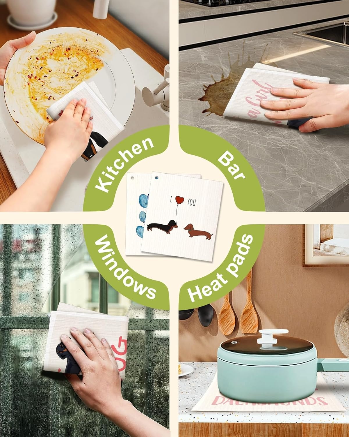 image:imageMiss Adola 6 Pack Swedish Dishcloths for Kitchen Reusable Dish Cloths for Washing Dishes Absorbent Cute Funny Kitchen Towels Cleaning Sponge Floral CatLove Dachshund