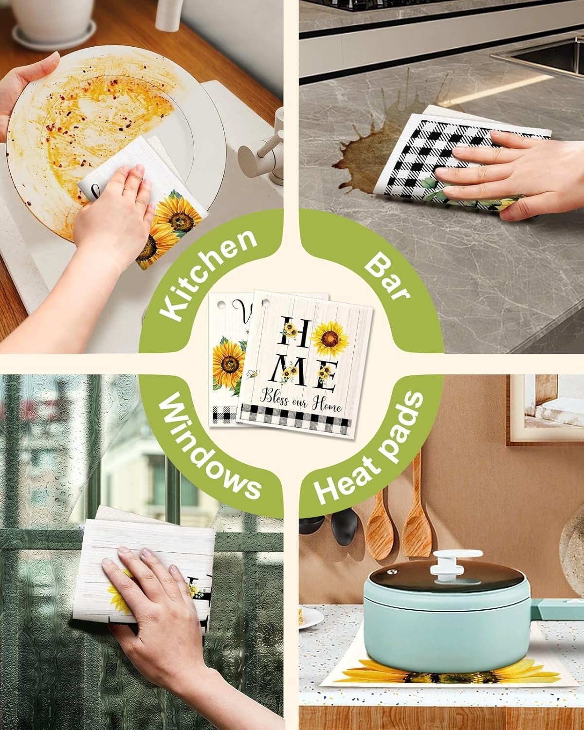 image:imageMiss Adola 6 Pack Swedish Dishcloths for Kitchen Reusable Dish Cloths for Washing Dishes Absorbent Cute Funny Kitchen Towels Cleaning Sponge Floral CatSunflower