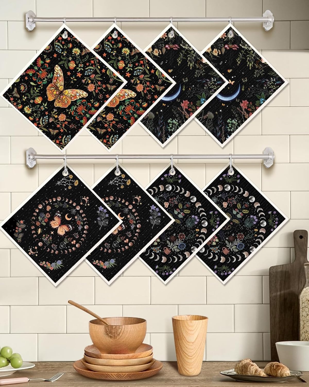 image:imageMiss Adola 6 Pack Swedish Dishcloths for Kitchen Reusable Dish Cloths for Washing Dishes Absorbent Cute Funny Kitchen Towels Cleaning Sponge Floral CatMoonlit Butterfly